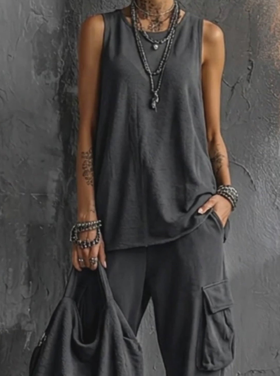 Streetwear misto cotone scollo tondo senza maniche rilassato alla caviglia set pantaloni da donna