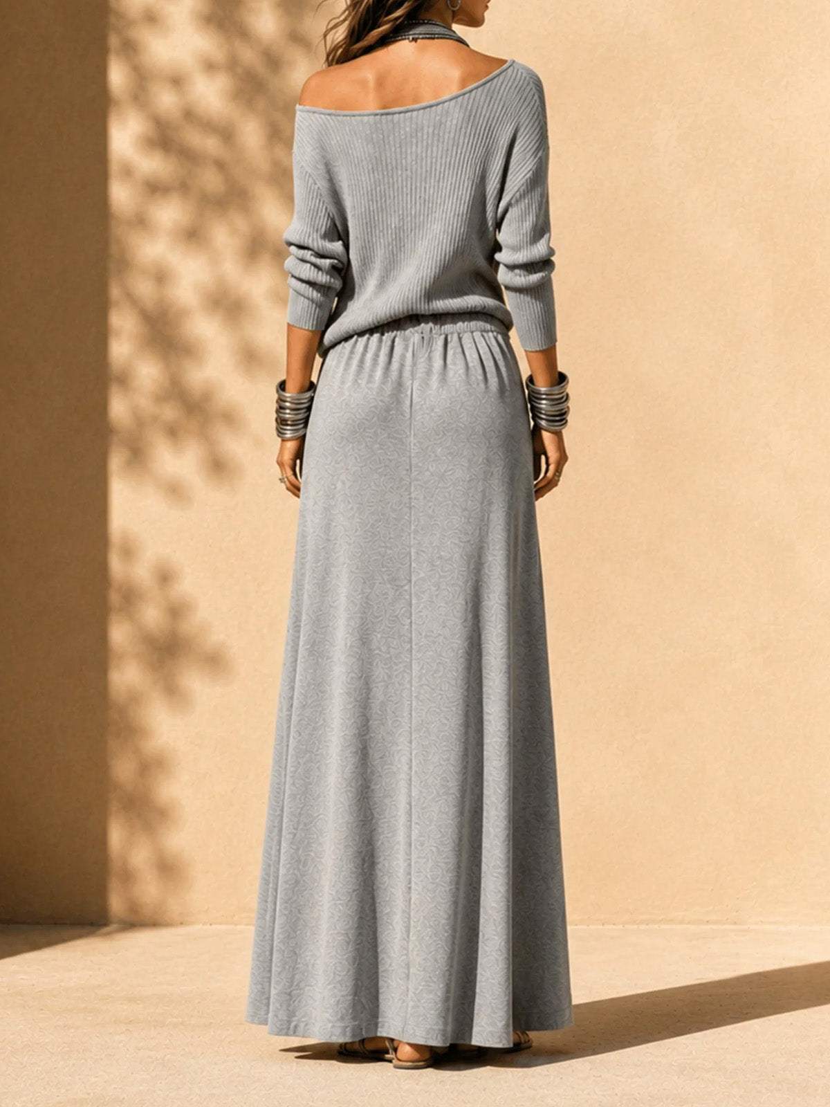Women’s Ash Gray Casual Soft Jersey Knit Cold Shoulder Long Sleeve Loose Maxi Skirt Set with Side Pockets