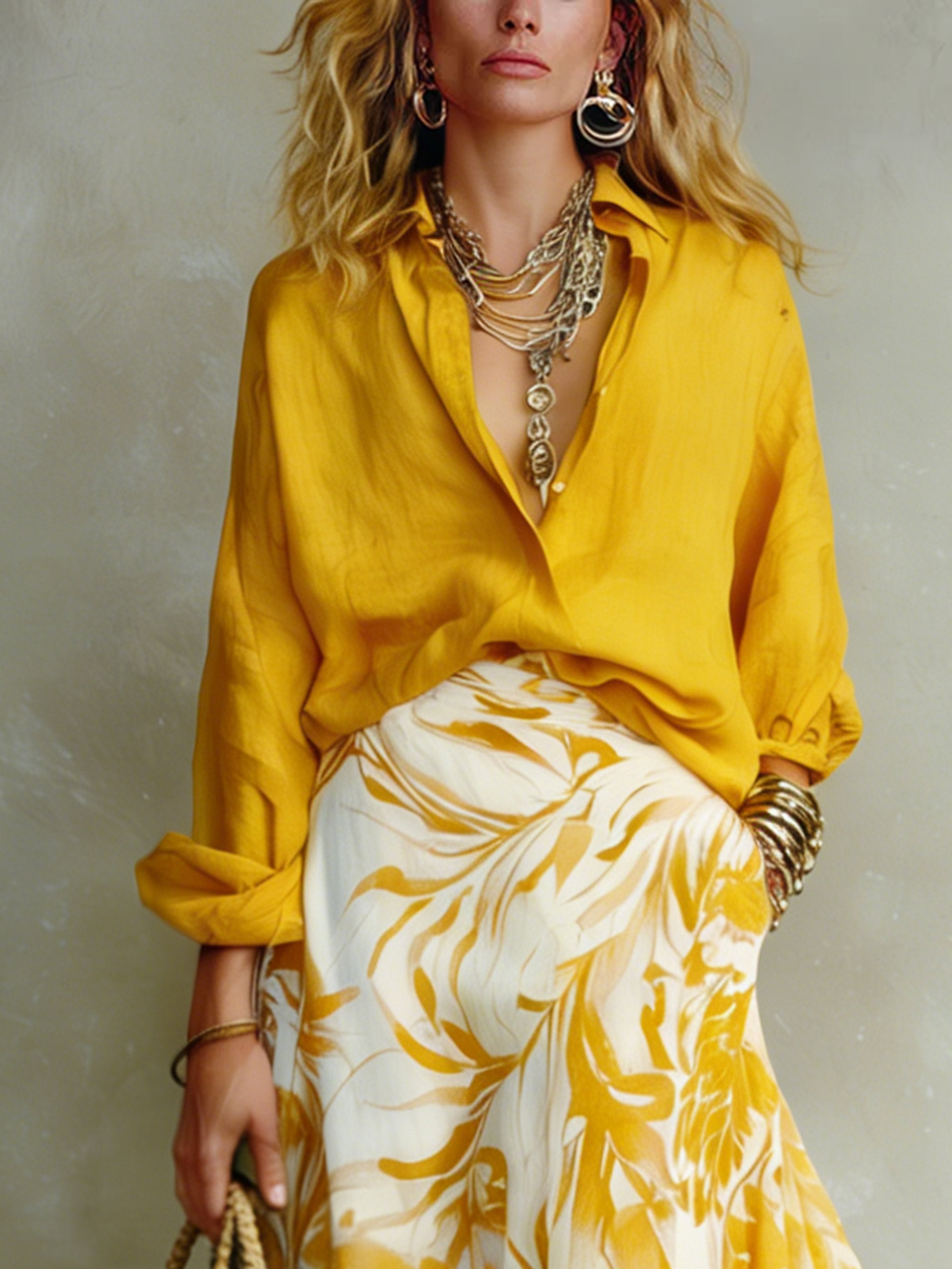 Women’s Yellow Casual Rayon Blend Shirt Collar Long Sleeve Regular Maxi Skirt Set with Botanical Print