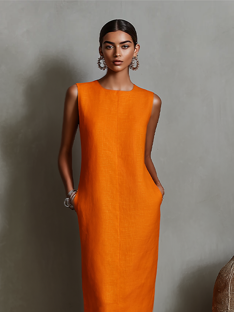 Women’s Orange Red and Blue Minimalist Linen Round-Neck Sleeveless Relaxed Midi Daily Dress