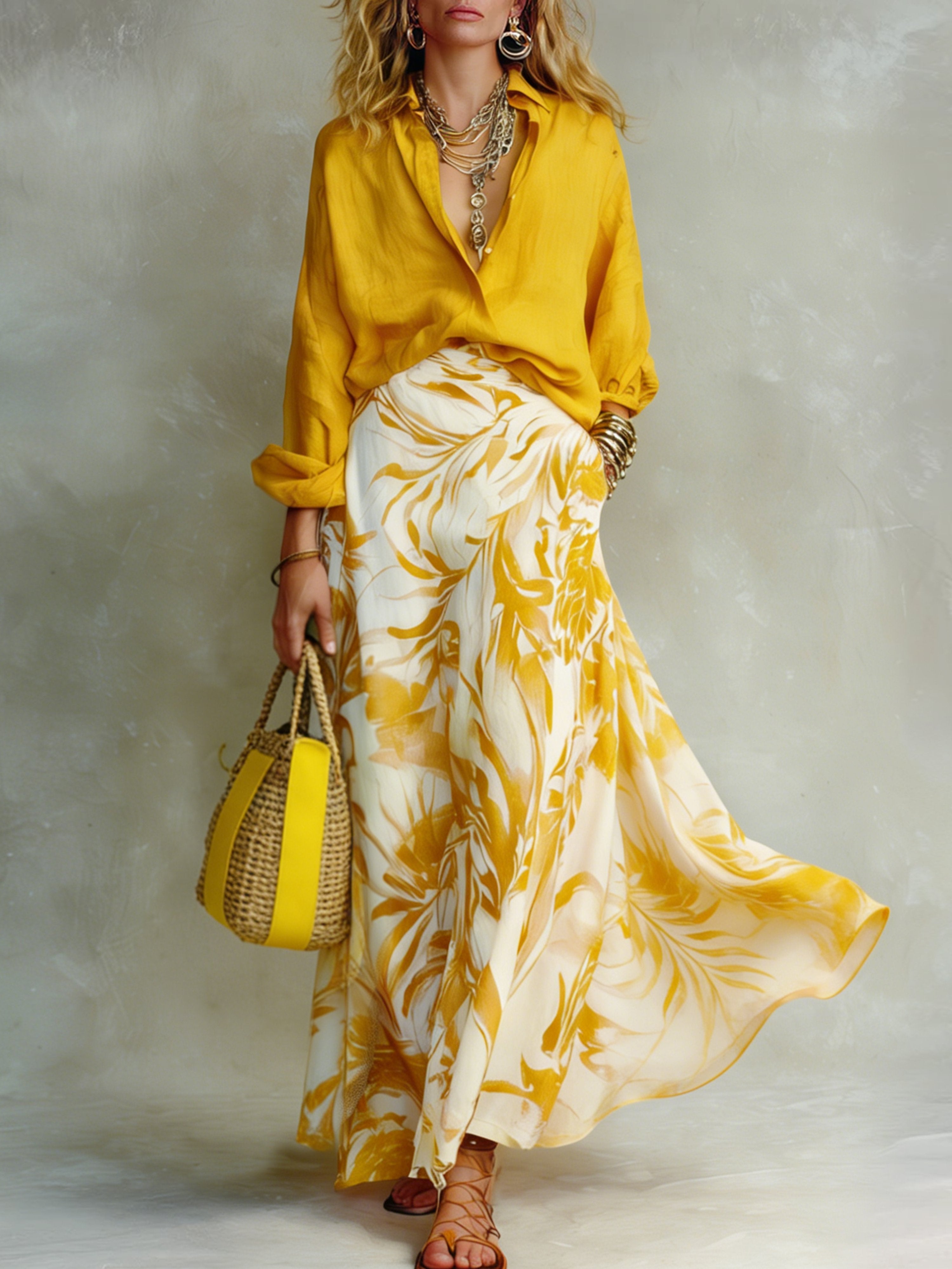Women’s Yellow Casual Rayon Blend Shirt Collar Long Sleeve Regular Maxi Skirt Set with Botanical Print