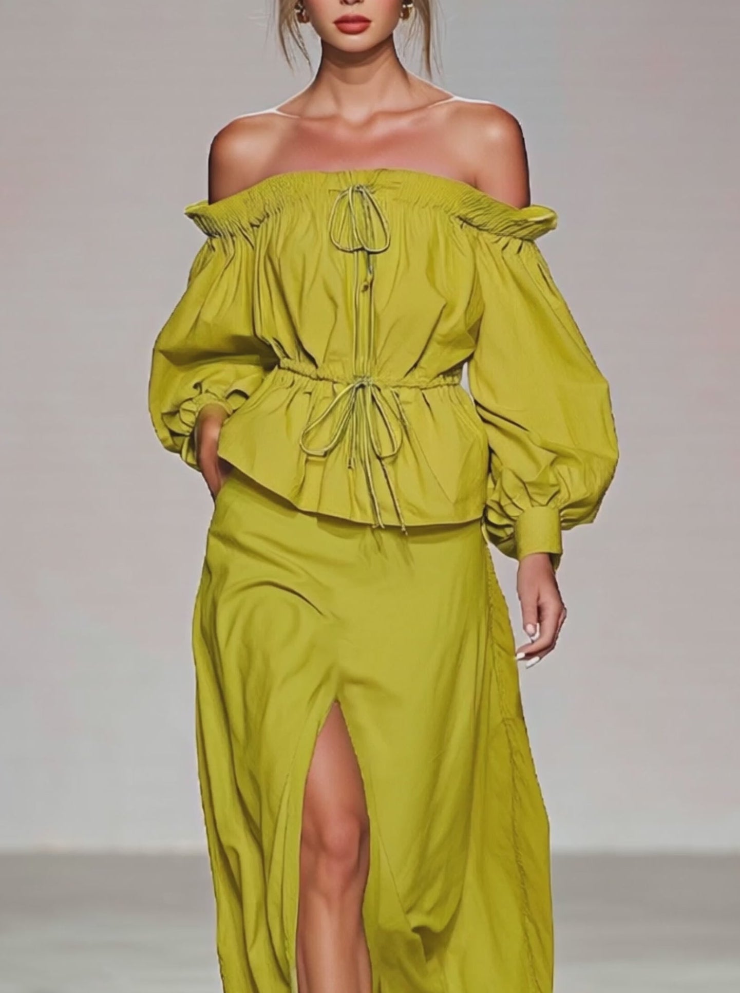 Women’s Lime Green Boho Cotton Blend Off-Shoulder Long Balloon Sleeve Relaxed Maxi Skirt Set with Front Slit