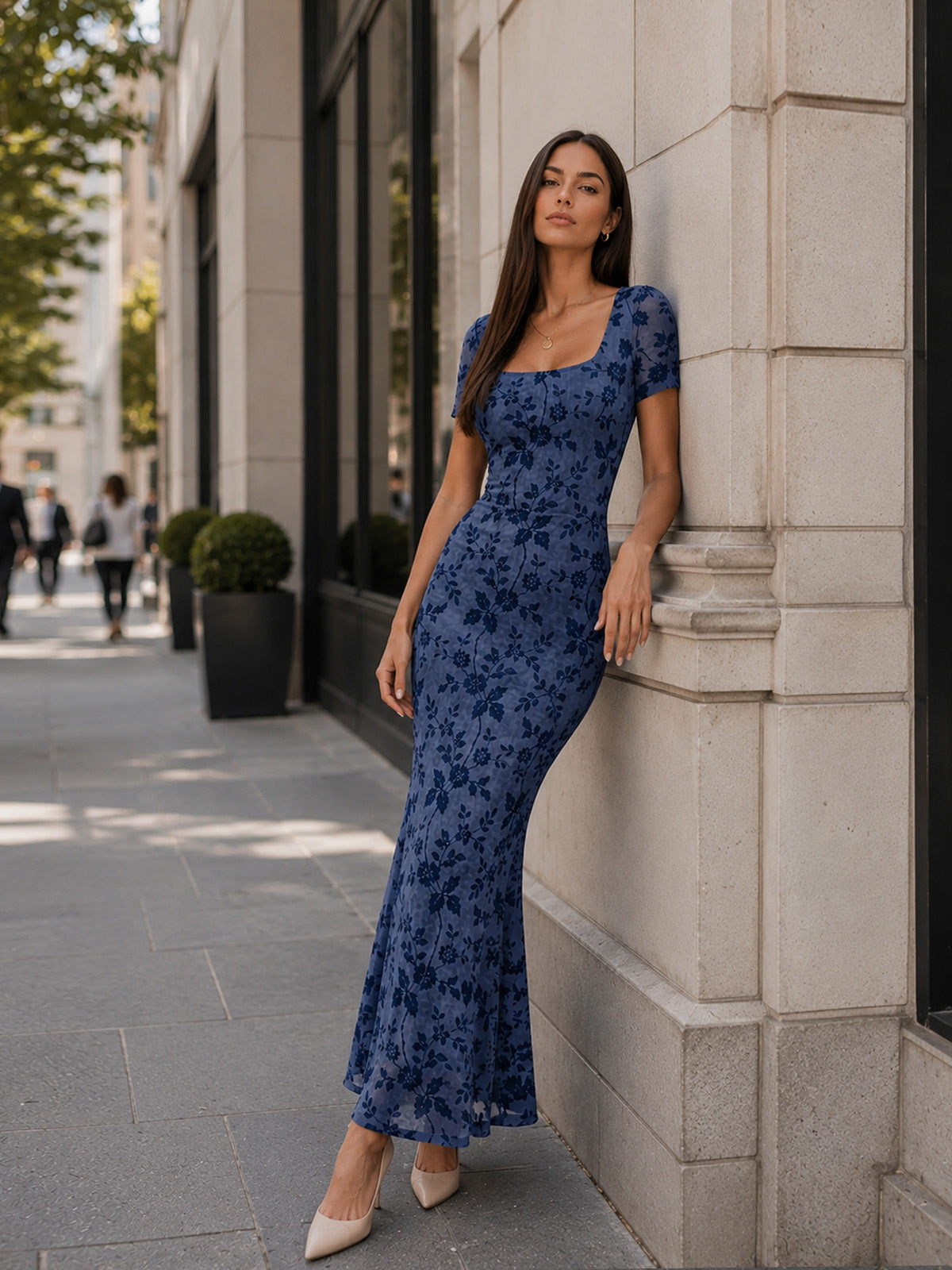 Women’s Summer Floral Wedding Guest Polyester Blend Square Neck Short Sleeve Slim Mermaid Maxi Dress
