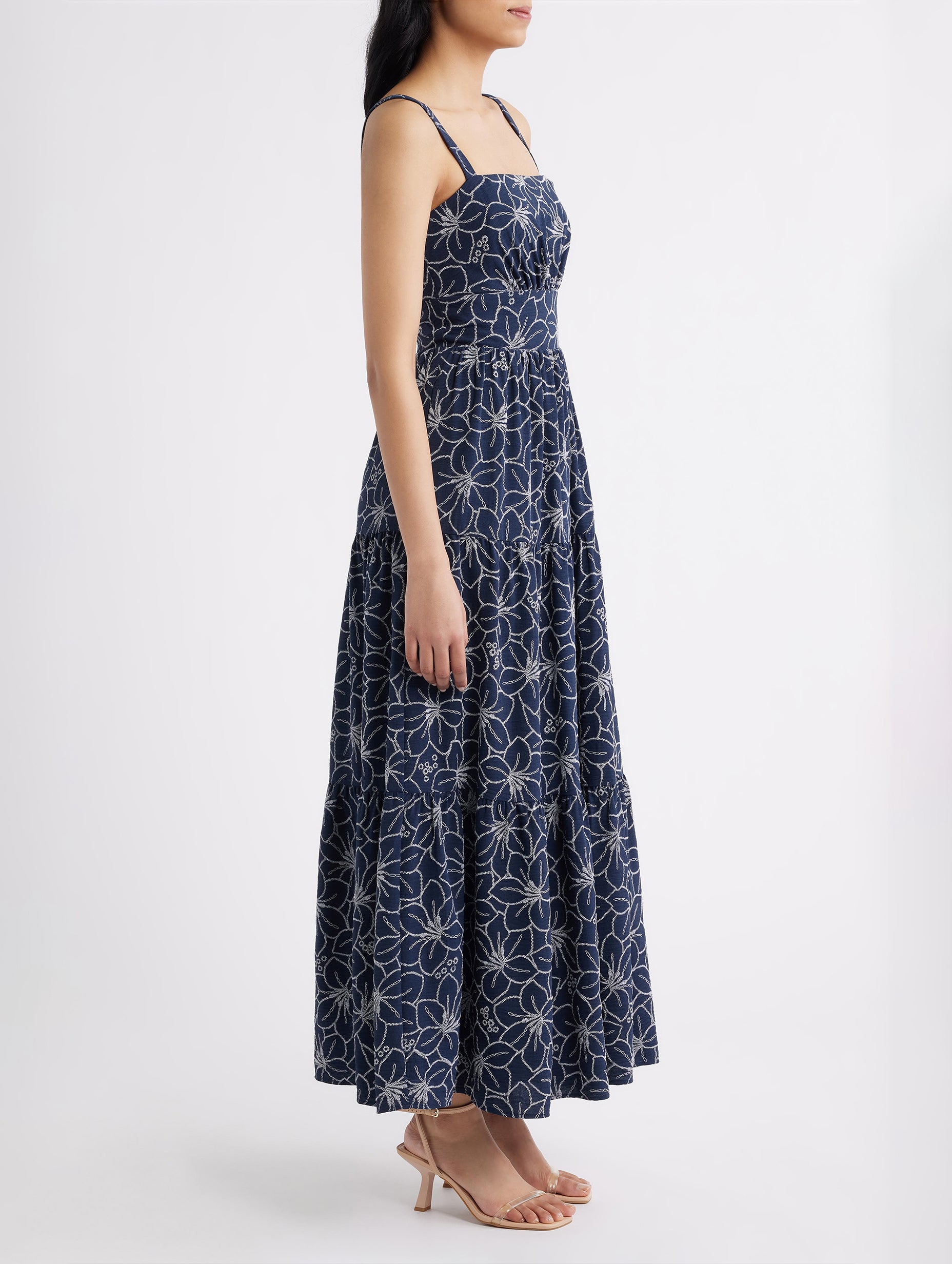 Women’s Navy Multi Romantic Square Neck Sleeveless Regular Maxi Dress with Floral Embroidery