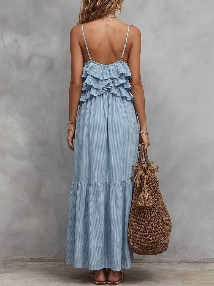 Women’s Light Blue Casual Cotton-Linen Blend Round Neck Sleeveless Regular Maxi Dress with Ruffle Detail