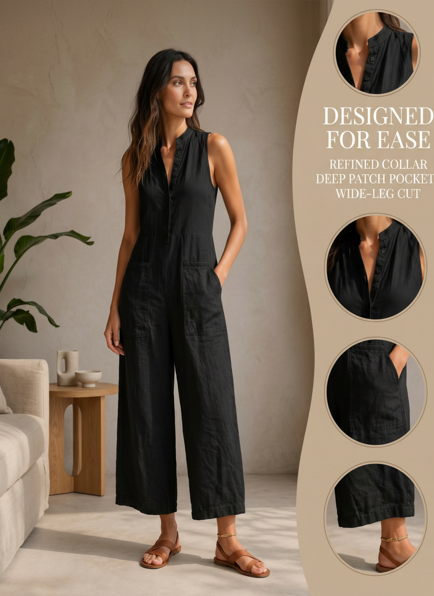 Women’s Black Casual Chic Linen-Blend Mandarin Collar Sleeveless Wide-Leg Ankle Jumpsuit