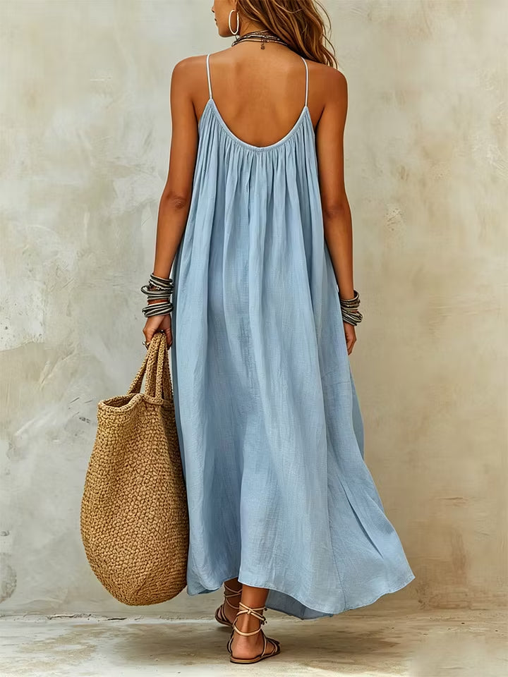 Women’s Light Blue Casual Cotton-Linen Blend Round Neck Sleeveless Relaxed Maxi Dress with Floral Applique