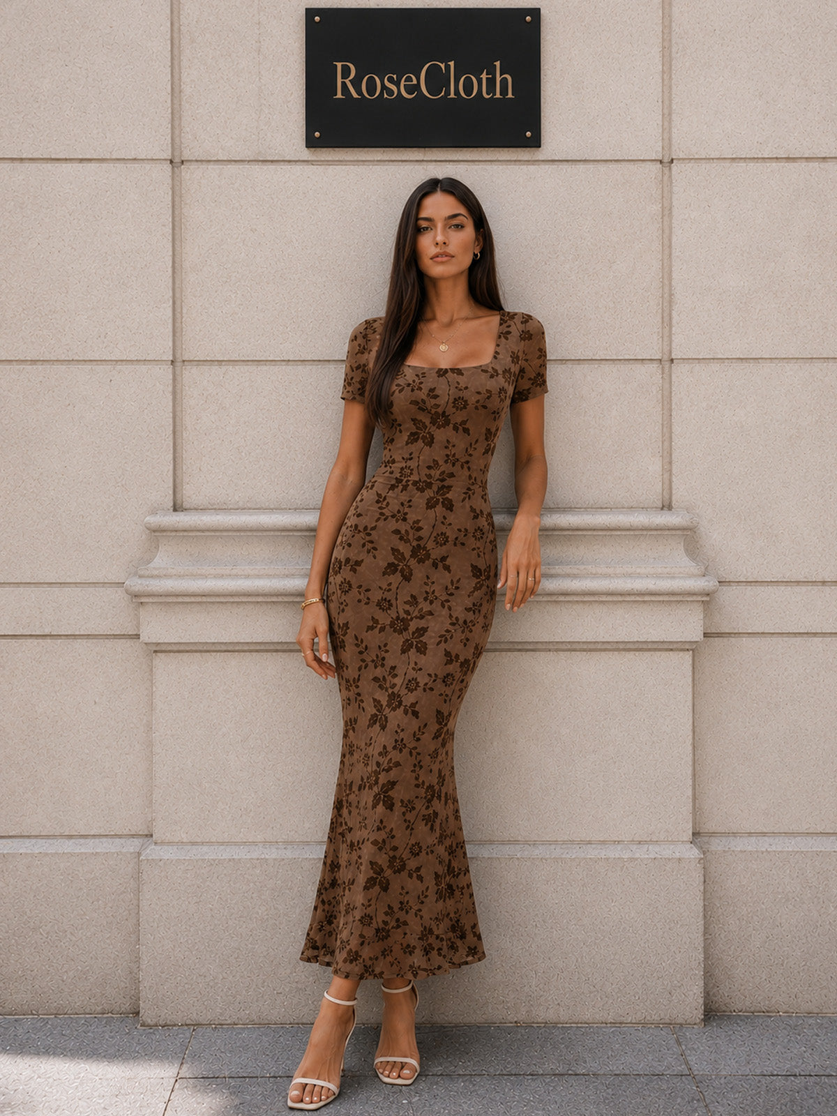 Women’s Summer Floral Wedding Guest Polyester Blend Square Neck Short Sleeve Slim Mermaid Maxi Dress
