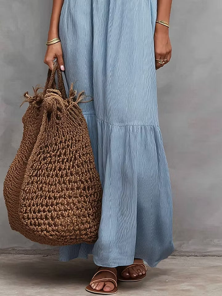 Women’s Light Blue Casual Cotton-Linen Blend Round Neck Sleeveless Regular Maxi Dress with Ruffle Detail