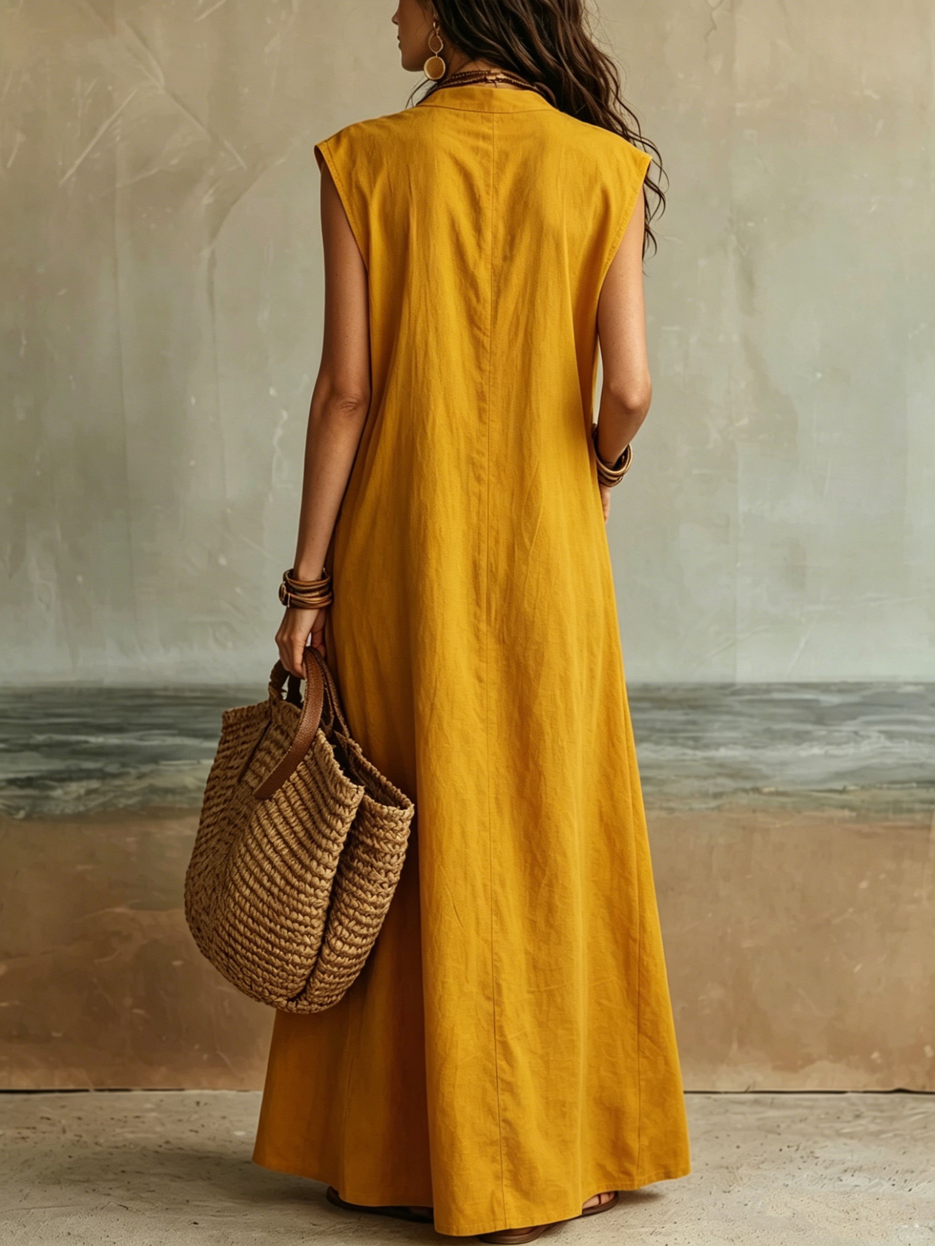Women’s Yellow Casual Cotton-Linen Shirt Collar Sleeveless Relaxed Maxi Dress with Button Front and Pockets