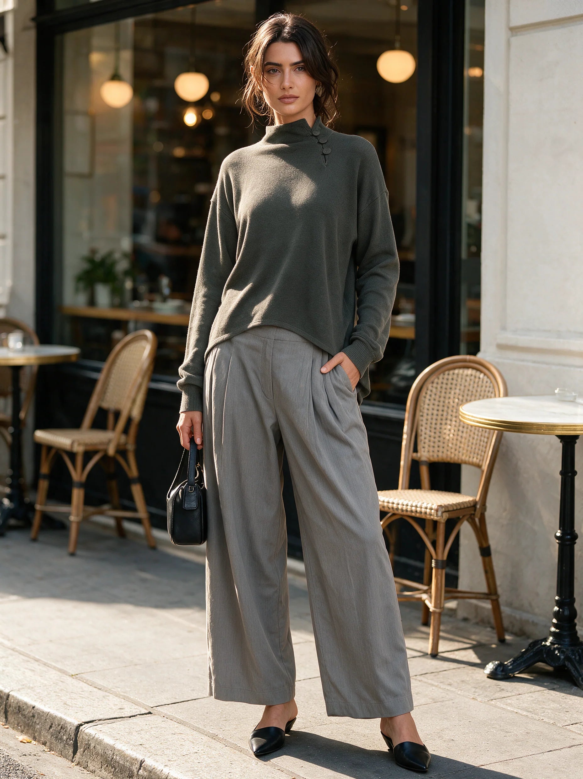 Women's Casual Dark Grey Woven Long-Sleeve Top And Grey Woven Trousers Two-Piece Set