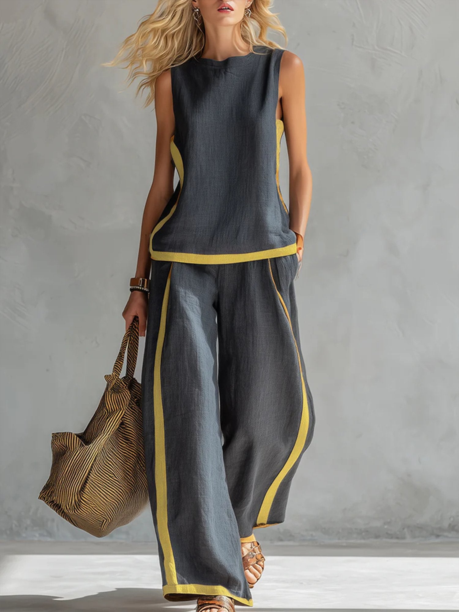 Women’s Gray Casual Cotton-Linen Blend Crew Neck Sleeveless Regular Full-Length Pants Set with Contrast Trim