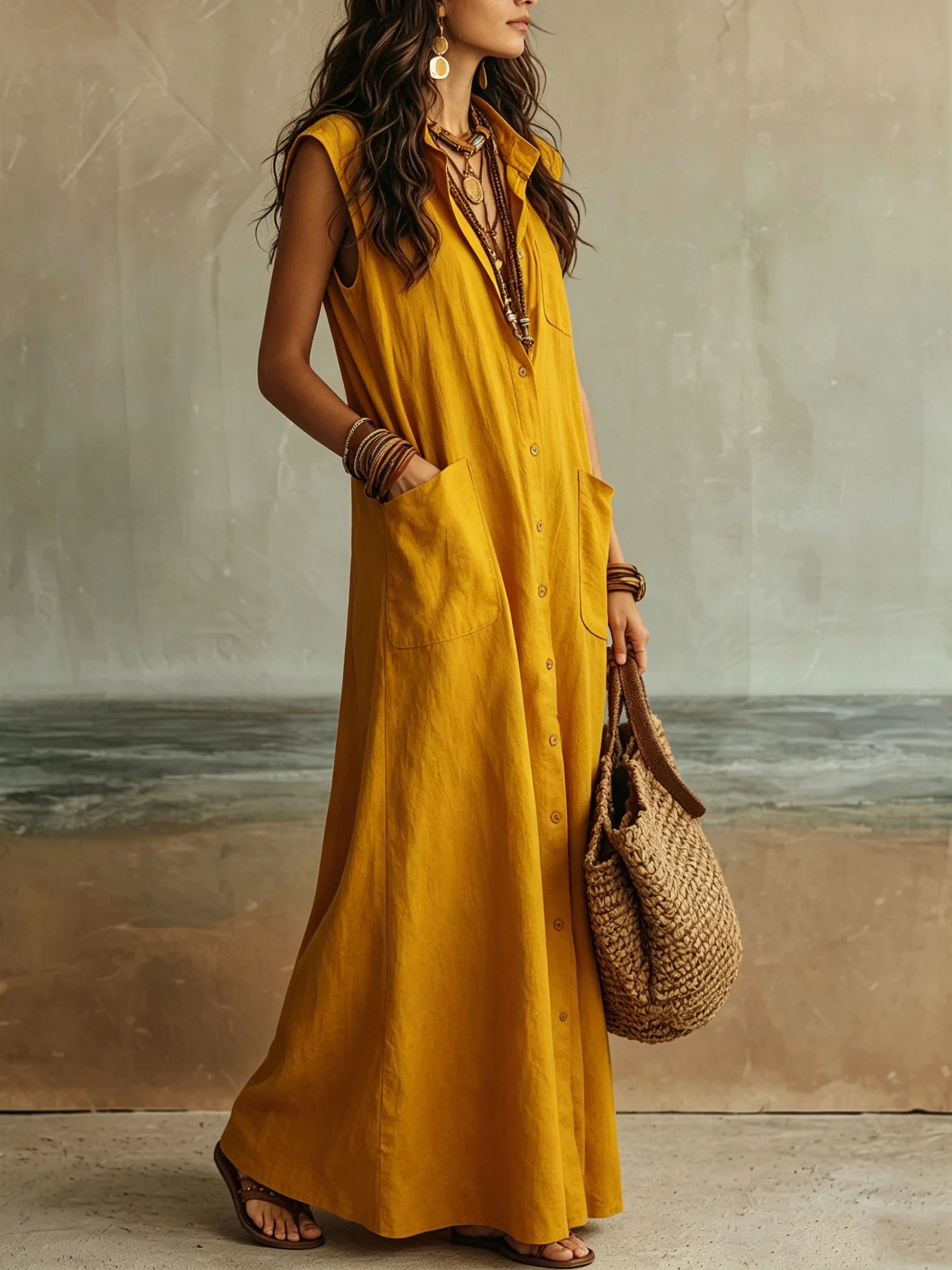 Women’s Yellow Casual Cotton-Linen Shirt Collar Sleeveless Relaxed Maxi Dress with Button Front and Pockets