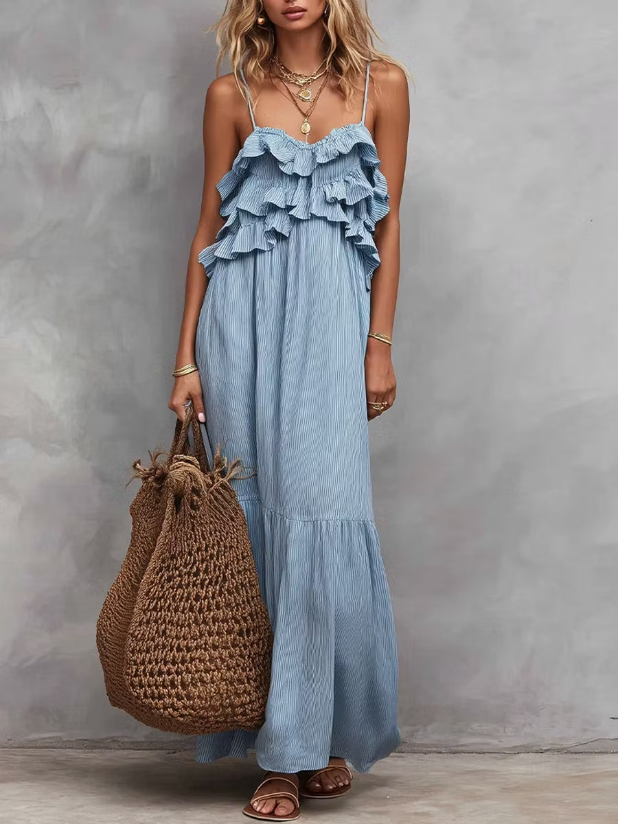 Women’s Light Blue Casual Cotton-Linen Blend Round Neck Sleeveless Regular Maxi Dress with Ruffle Detail
