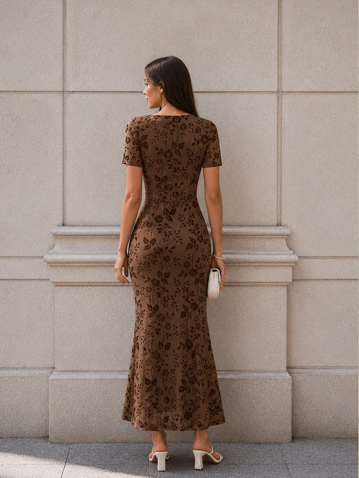 Women’s Summer Floral Wedding Guest Polyester Blend Square Neck Short Sleeve Slim Mermaid Maxi Dress