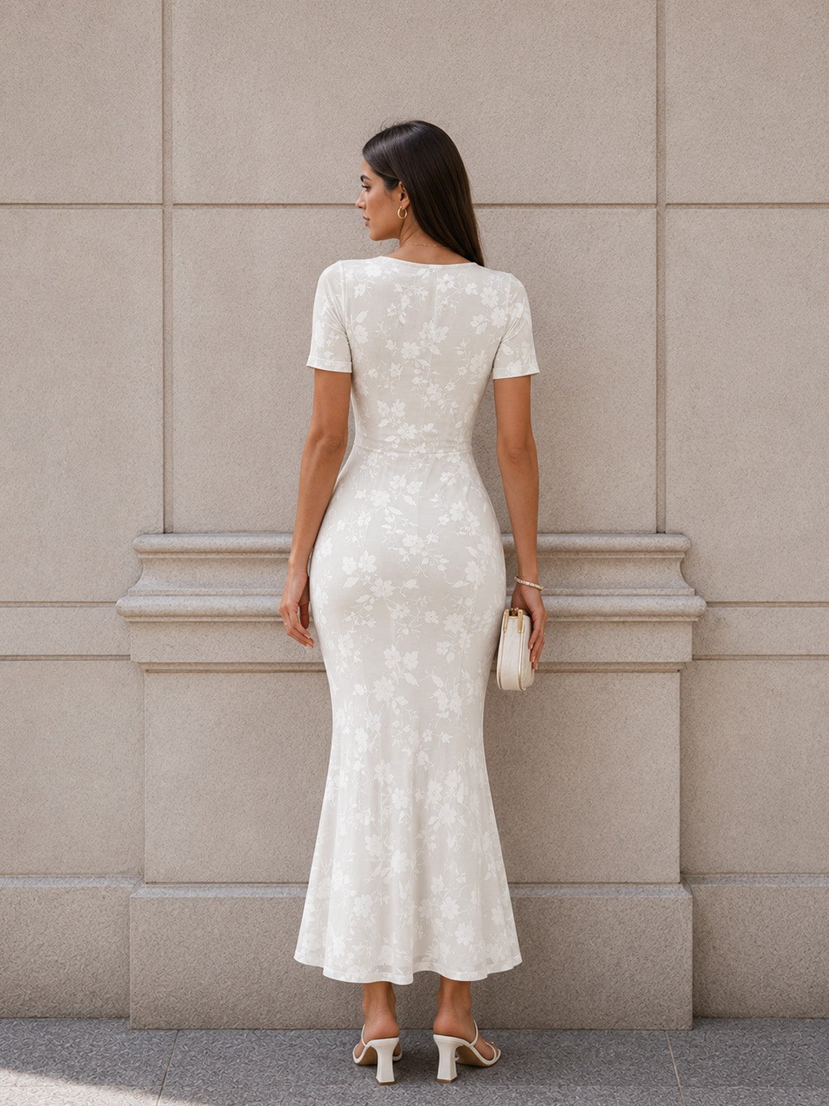 Women’s Summer Floral Wedding Guest Polyester Blend Square Neck Short Sleeve Slim Mermaid Maxi Dress
