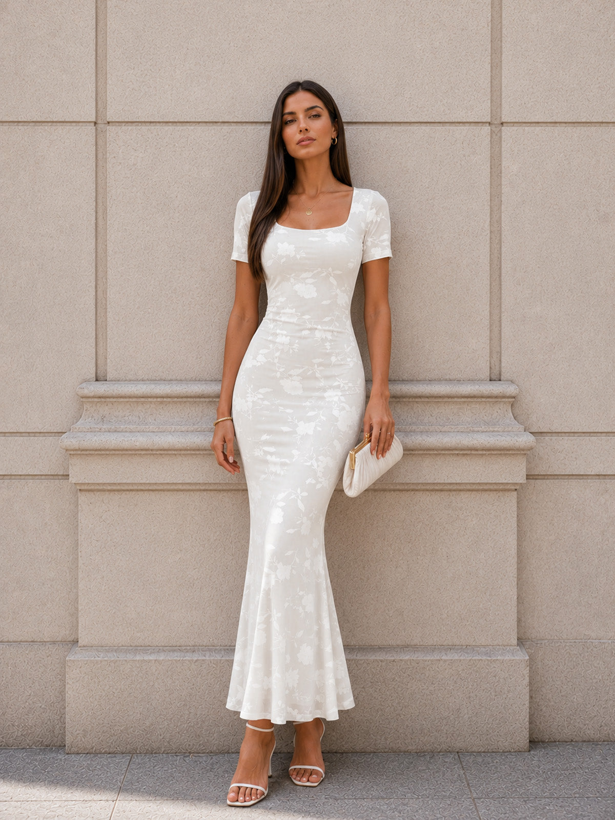 Women’s Summer Floral Wedding Guest Polyester Blend Square Neck Short Sleeve Slim Mermaid Maxi Dress