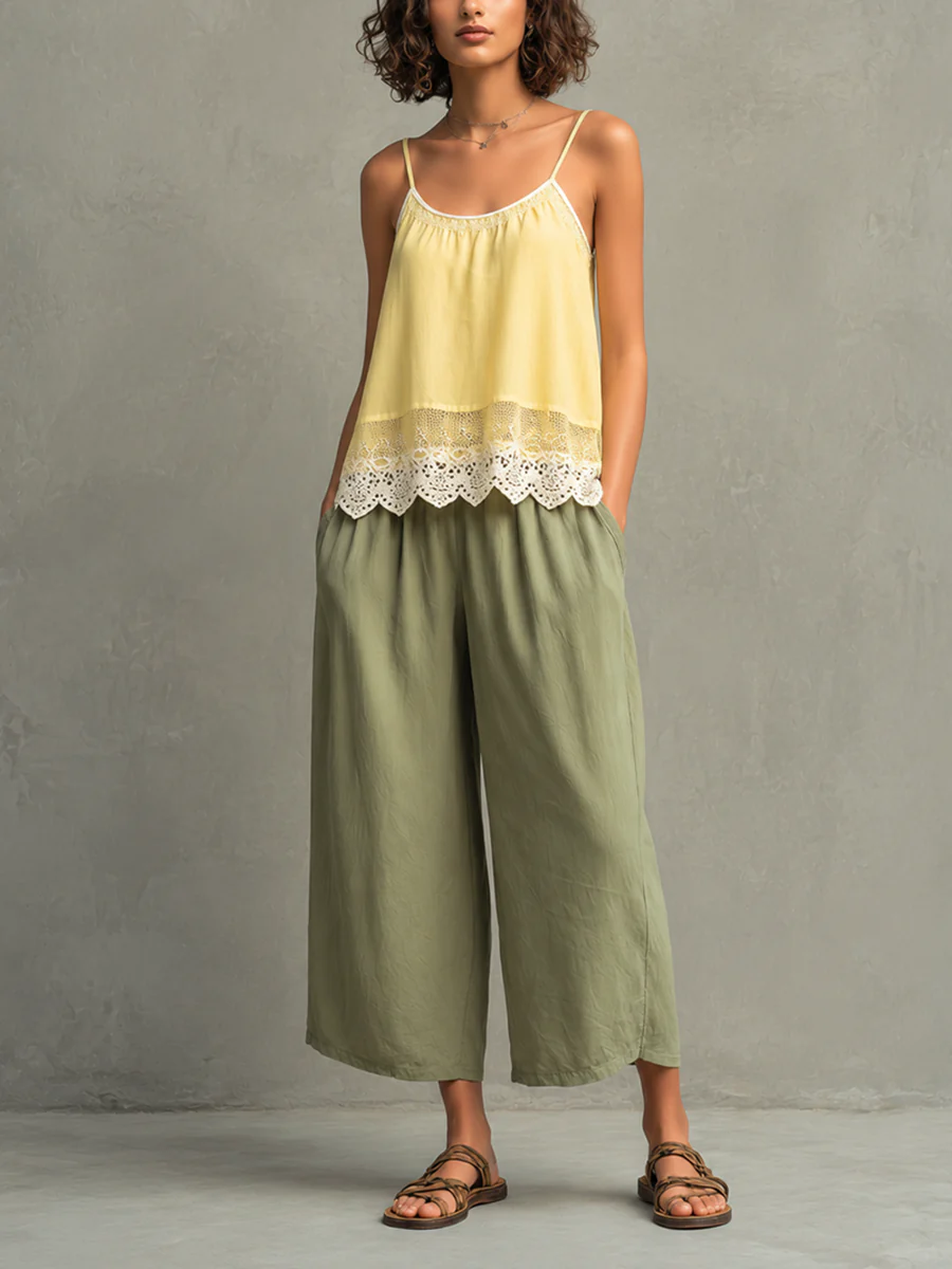 Women’s Casual Cotton Linen Blend Scoop Neck Spaghetti Strap Relaxed Cropped Pants Set