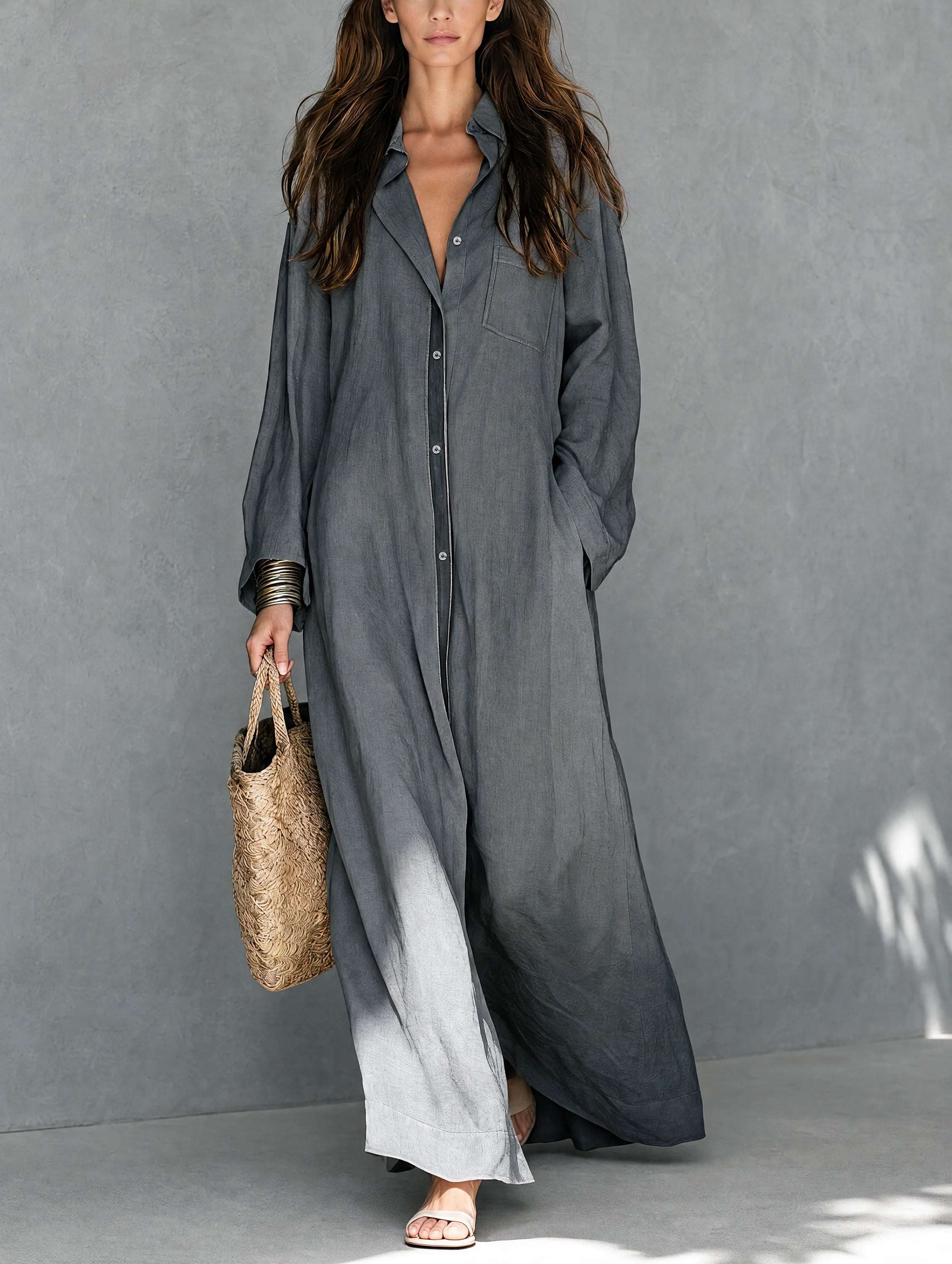 Women’s Gray Minimalist Cotton-linen Shirt Collar Long Sleeve Relaxed Maxi Dress