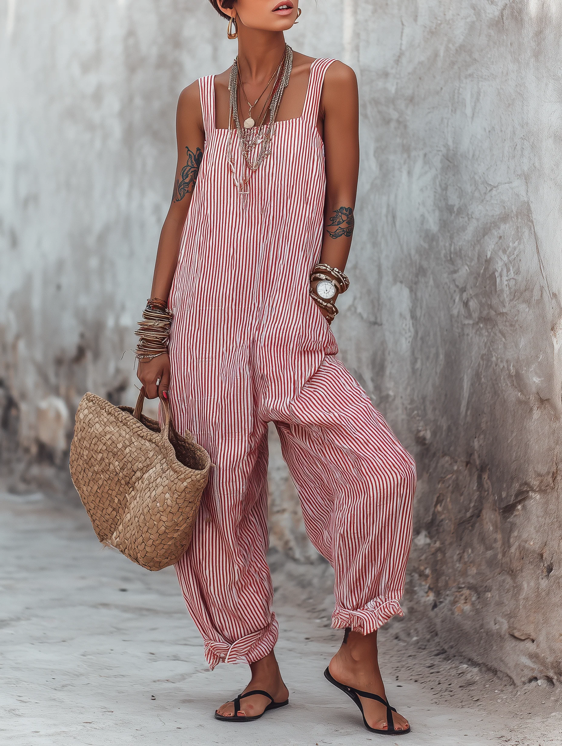 Women’s Striped Bohemian Square Neck Sleeveless Relaxed Ankle-Length Jumpsuit
