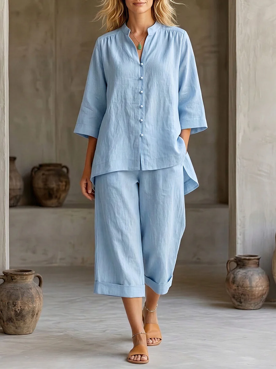 Women’s Light Blue Casual Linen Blend V-Neck Three-Quarter Sleeve Relaxed Cropped Pants Set