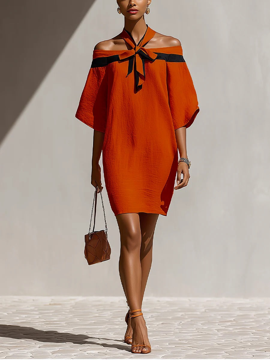 Women’s Orange Casual Linen blend Off-Shoulder Half Sleeve Relaxed Mini Dress