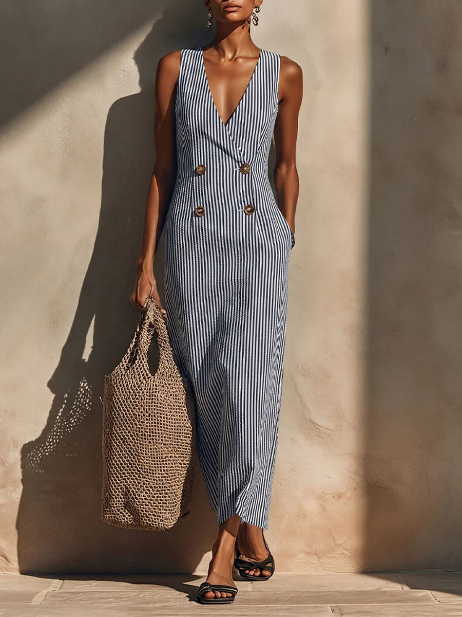 Women’s Blue Striped Coastal Cotton-blend V-Neck Sleeveless Slim Full-Length Jumpsuit