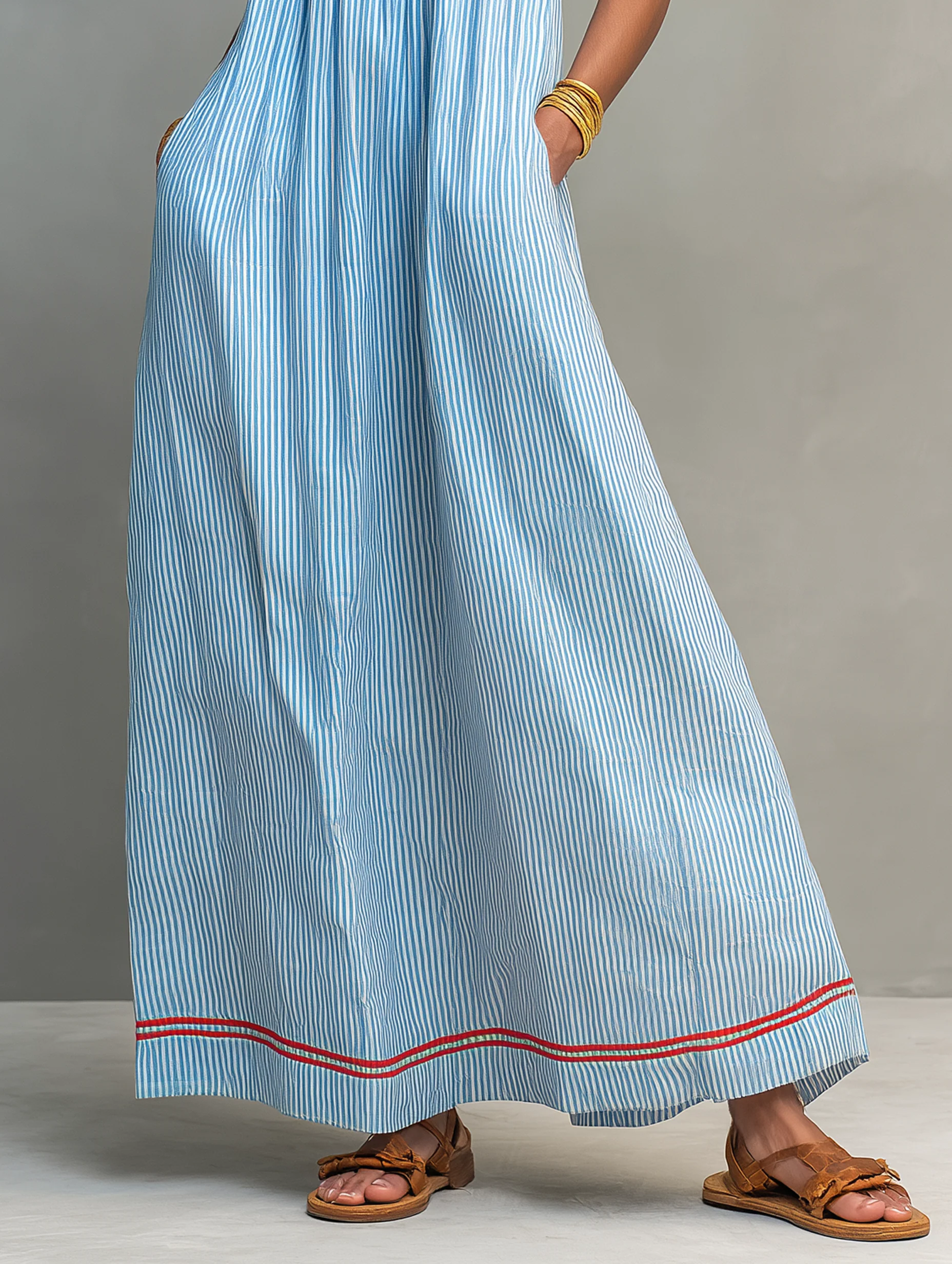 Women’s Blue Striped Coastal Blend Square Neck Spaghetti Strap Relaxed Maxi Dress