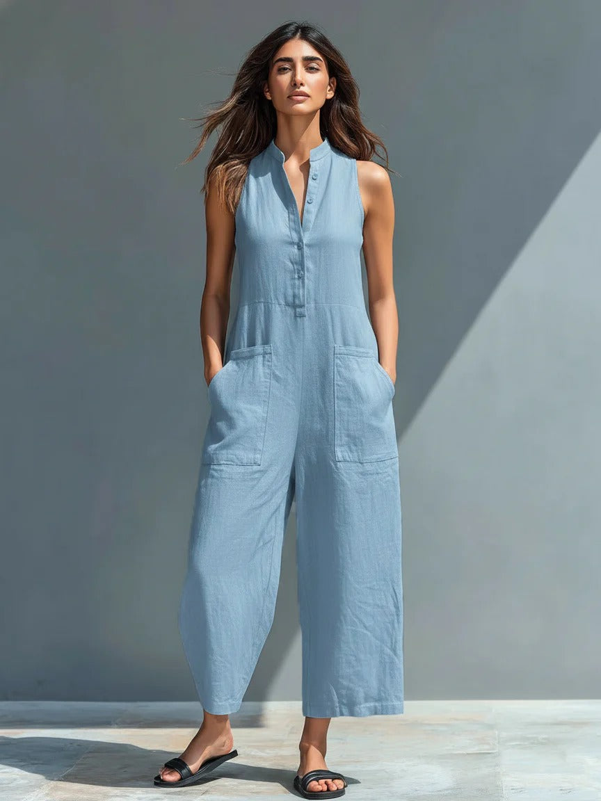 Women’s Black Casual Chic Linen-Blend Mandarin Collar Sleeveless Wide-Leg Ankle Jumpsuit