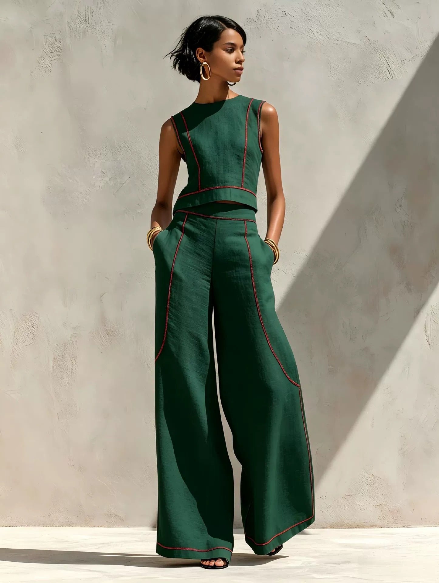 Women’s White and Black Minimalist Linen-Blend Round-Neck Sleeveless Regular Wide-Leg Pants Set