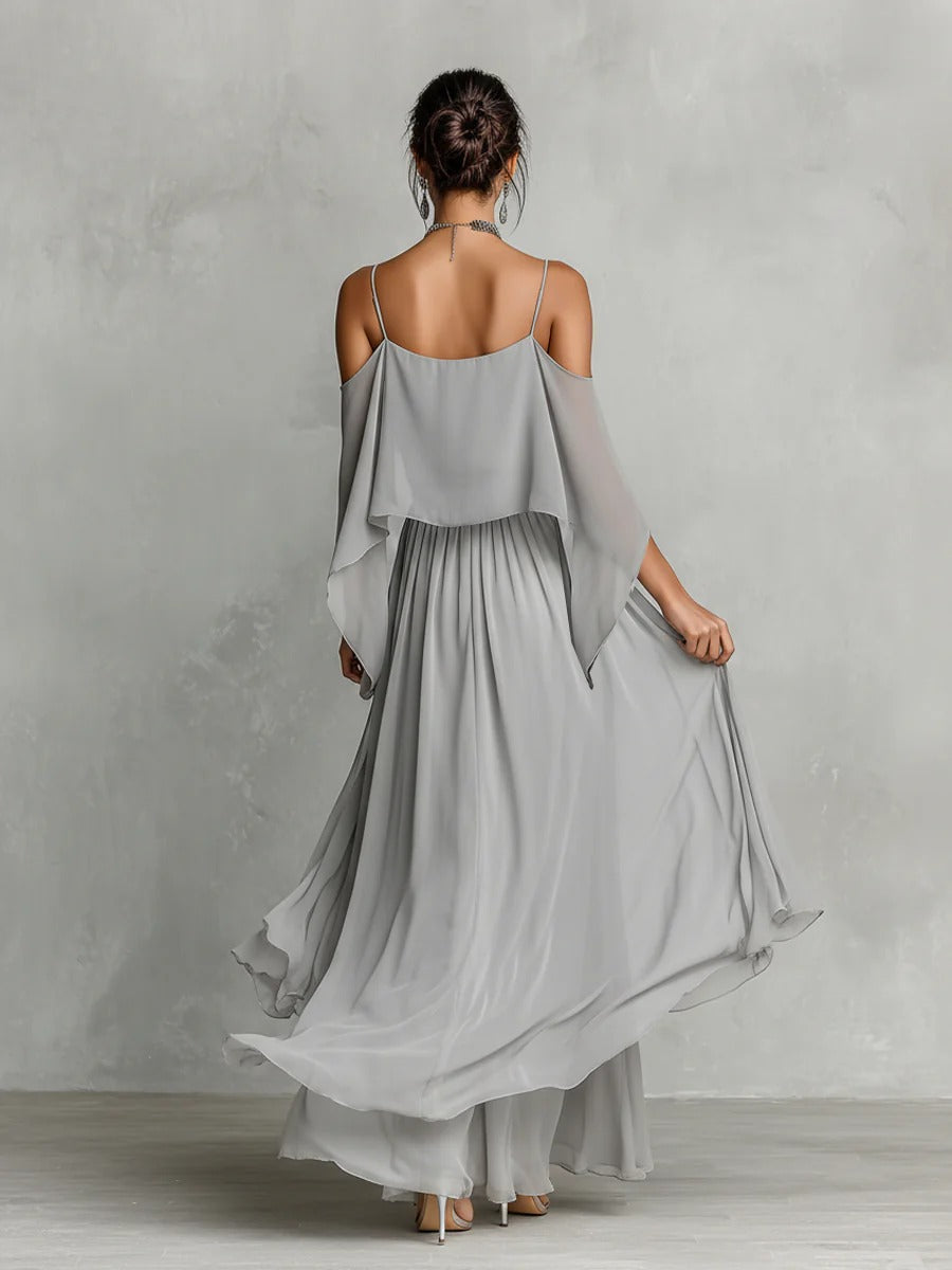 Women’s Gray Elegant Chiffon Cowl Neck Cold-Shoulder Regular Maxi Dress