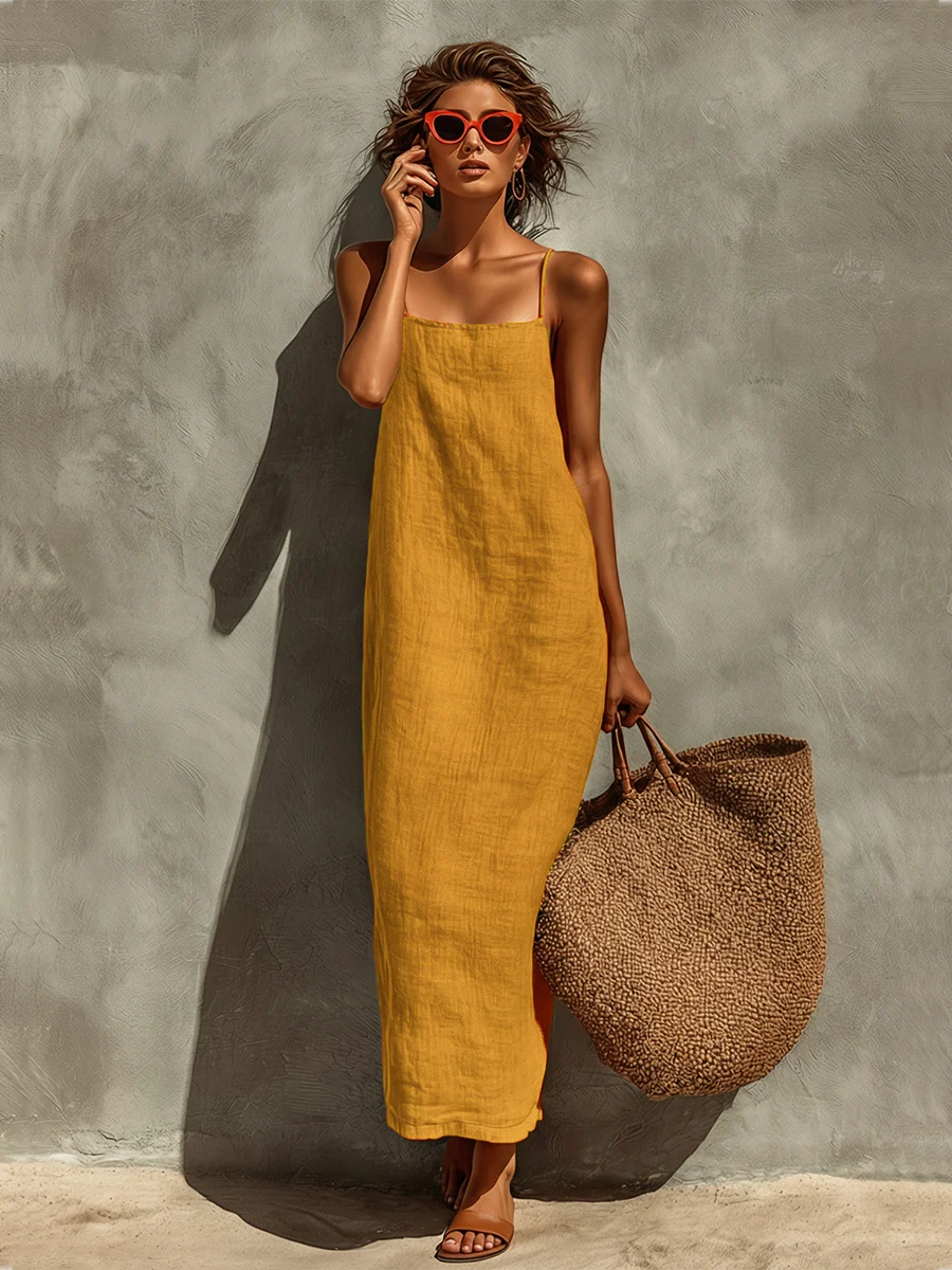 Women’s Rust Orange Vacation Linen-Blend Square Neck Spaghetti Strap Loose Fit Maxi Dress
