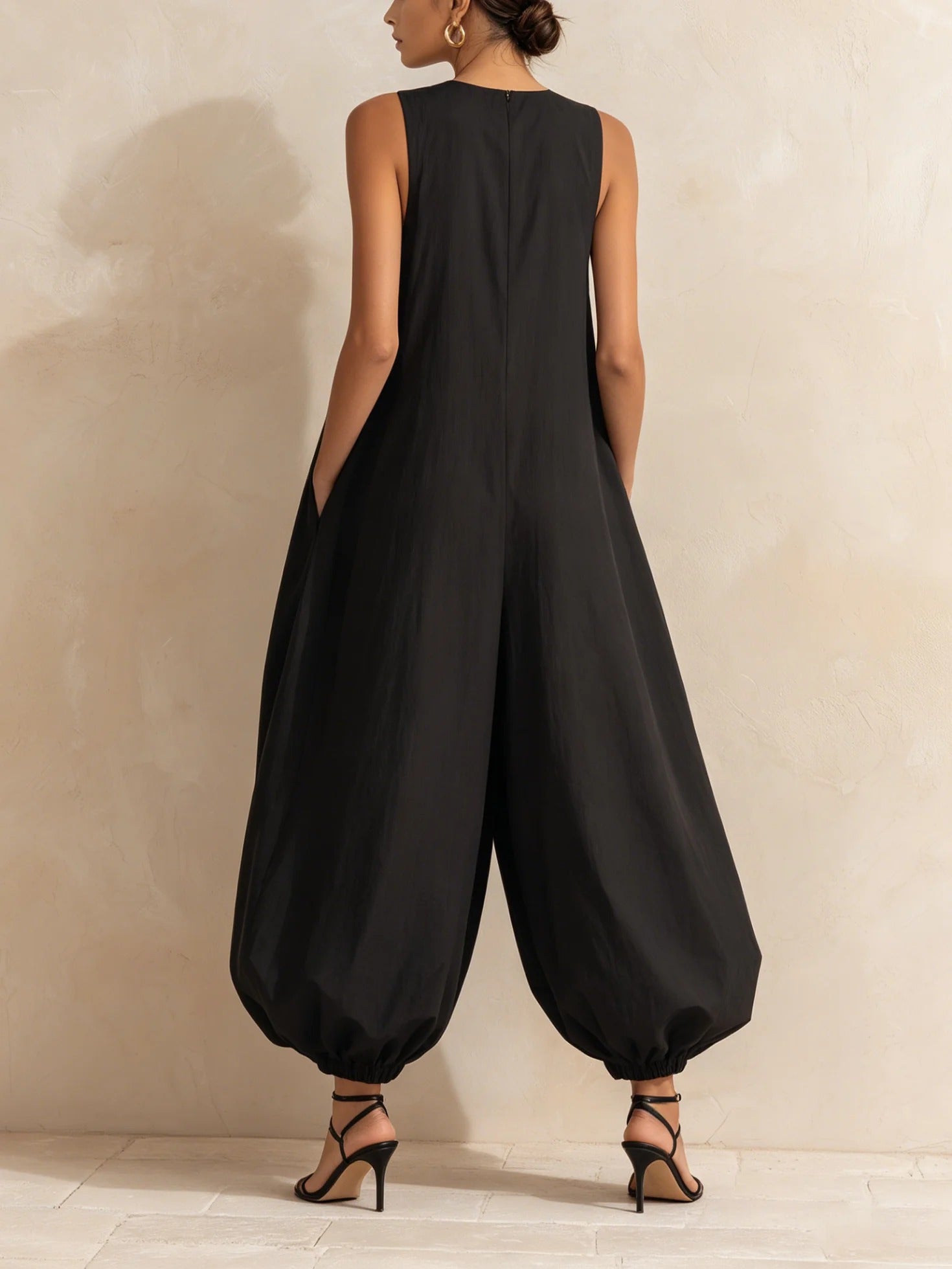 Women’s Black Minimalist Woven Round Neck Sleeveless Relaxed Balloon-Leg Jumpsuit