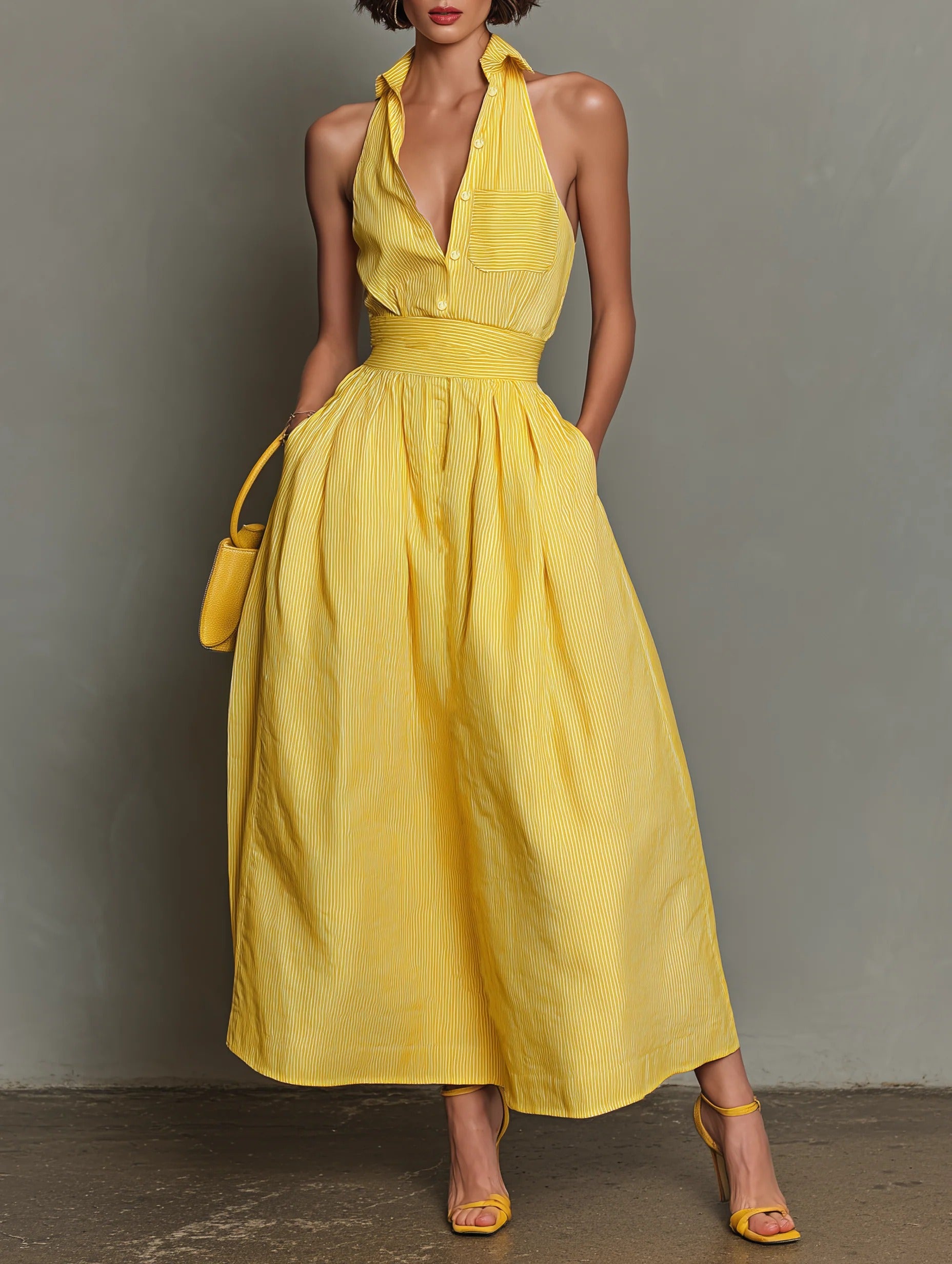 Women’s Yellow Casual Cotton Blend Shirt Collar Sleeveless Regular Maxi Dress with Pinstripe