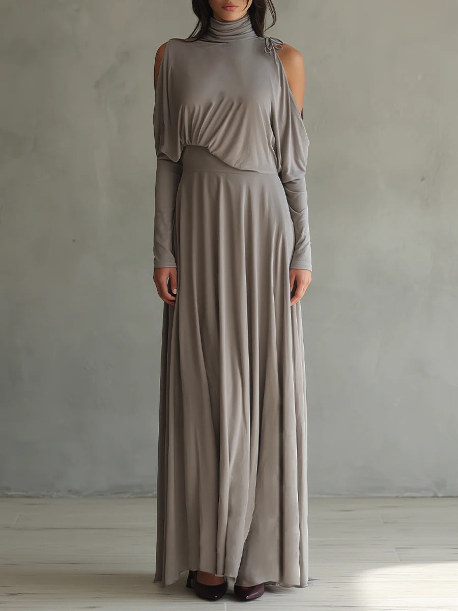 Women’s Taupe Elegant Stretch Turtleneck Long Sleeve Regular Maxi Dress