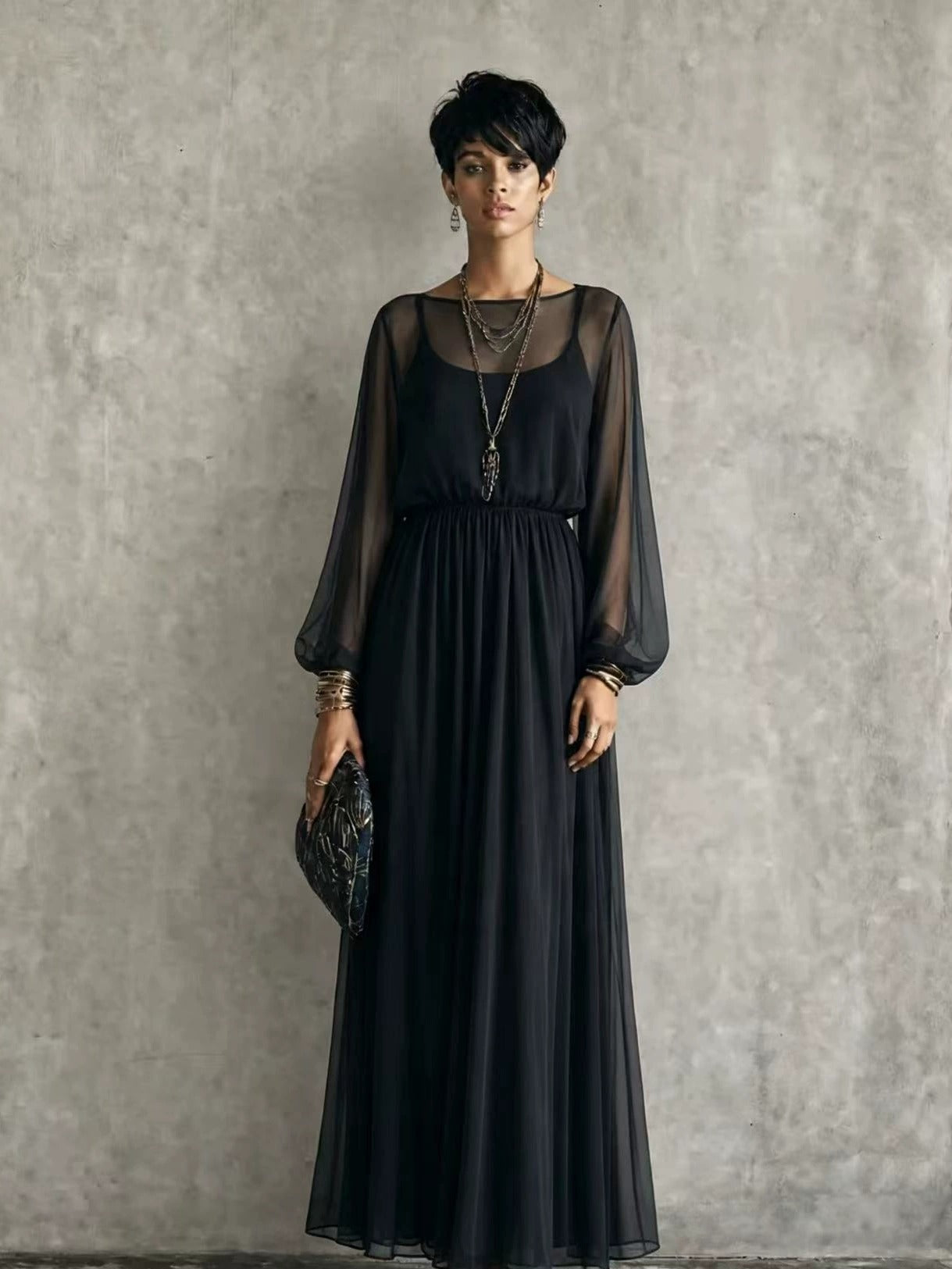 Women’s Blue Elegant Chiffon Round Neck Long Sleeve Regular Maxi Dress