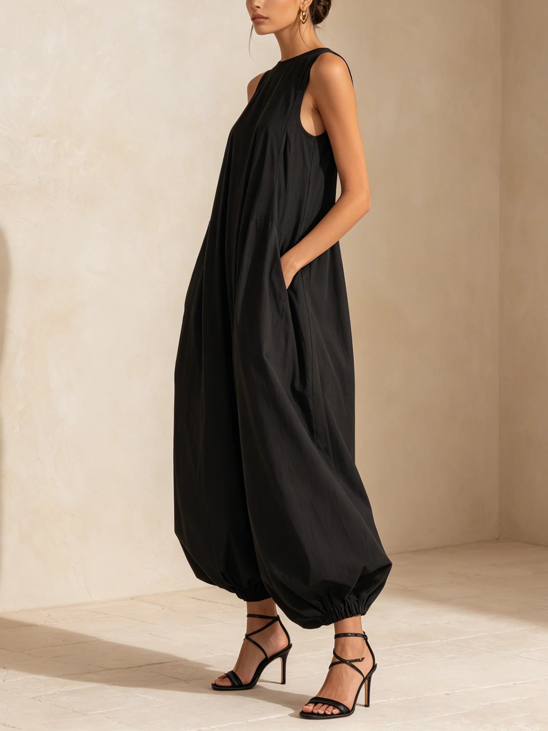 Women’s Black Minimalist Woven Round Neck Sleeveless Relaxed Balloon-Leg Jumpsuit