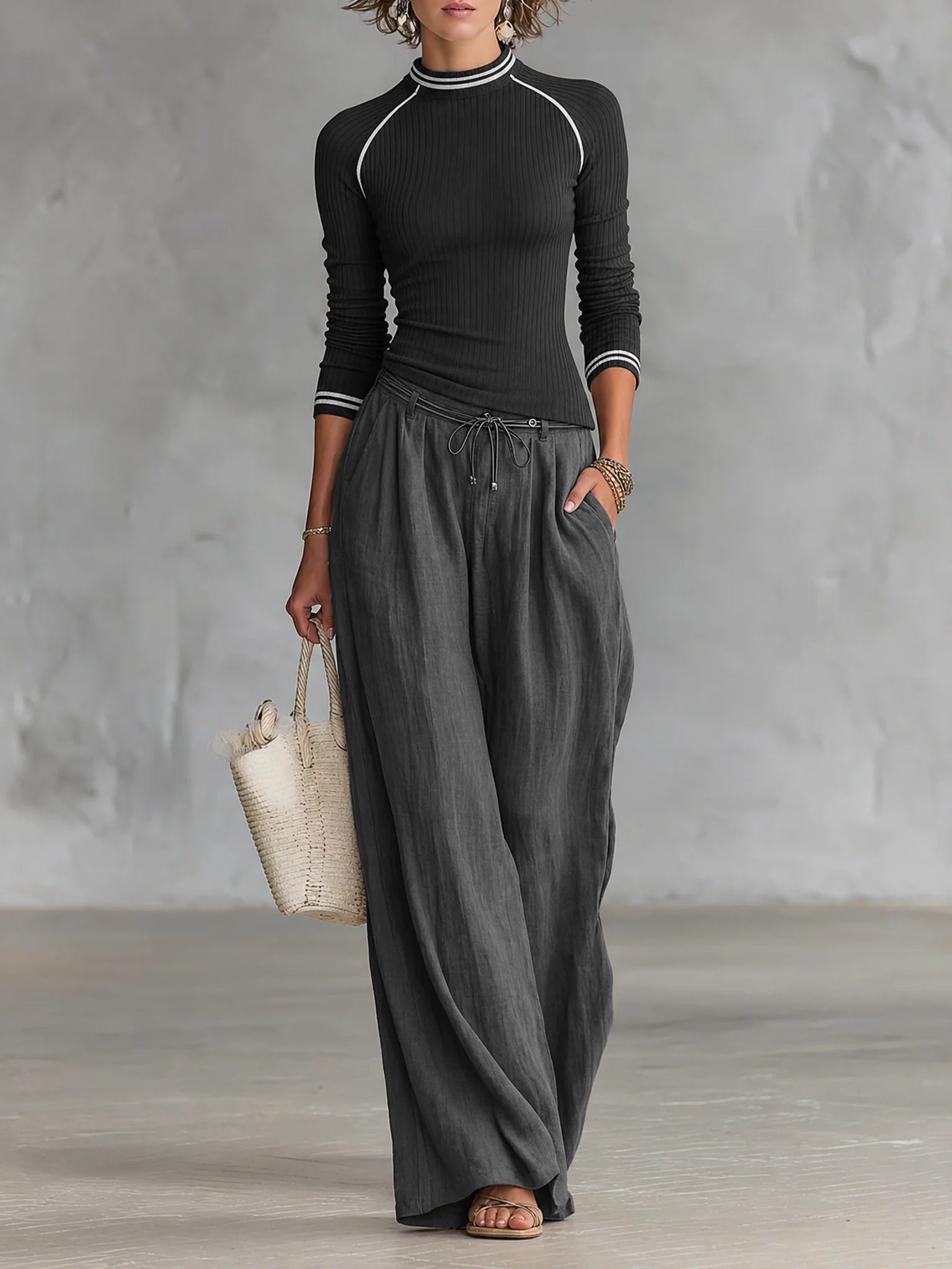 Women’s Black & Gray Casual Knit Crew Neck Long Sleeve Relaxed Two-Piece Set