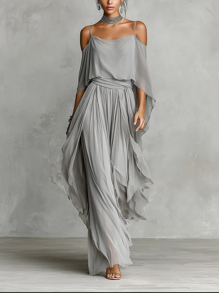 Women’s Gray Elegant Chiffon Cowl Neck Cold-Shoulder Regular Maxi Dress