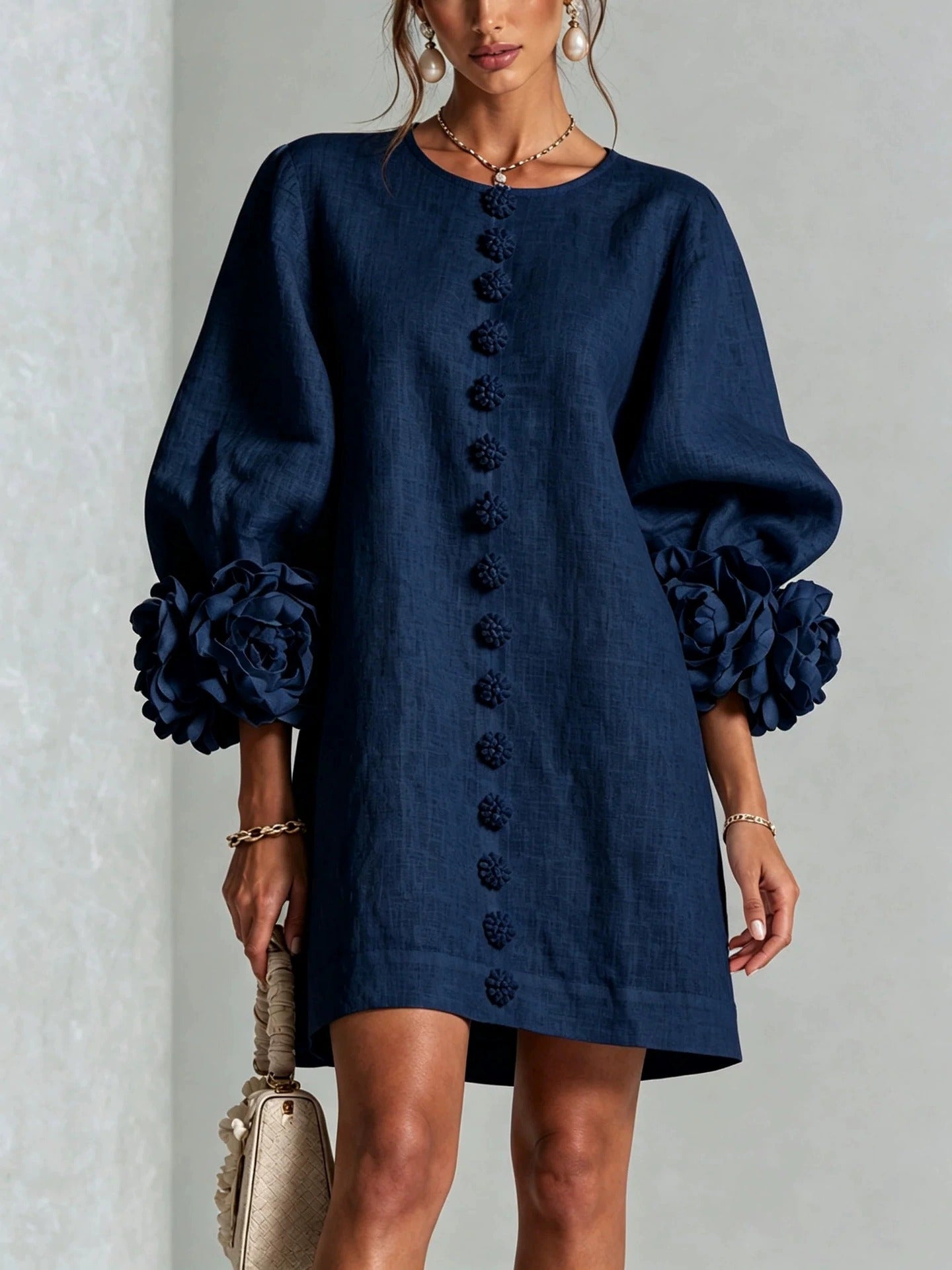 Women’s White Textured Floral Button Front Puff Sleeve Mini Dress