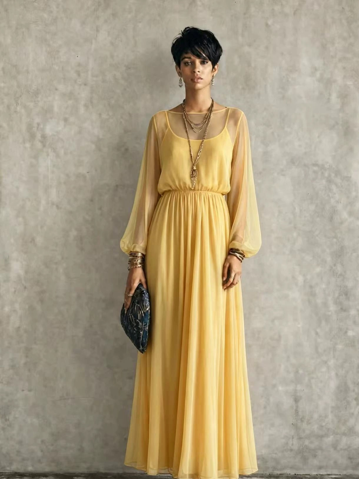 Women’s Blue Elegant Chiffon Round Neck Long Sleeve Regular Maxi Dress