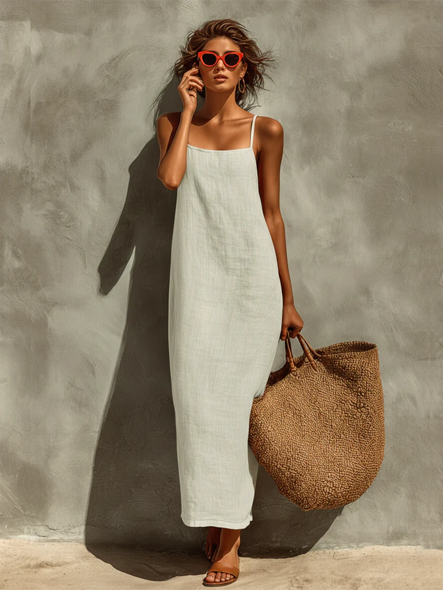 Women’s Rust Orange Vacation Linen-Blend Square Neck Spaghetti Strap Loose Fit Maxi Dress