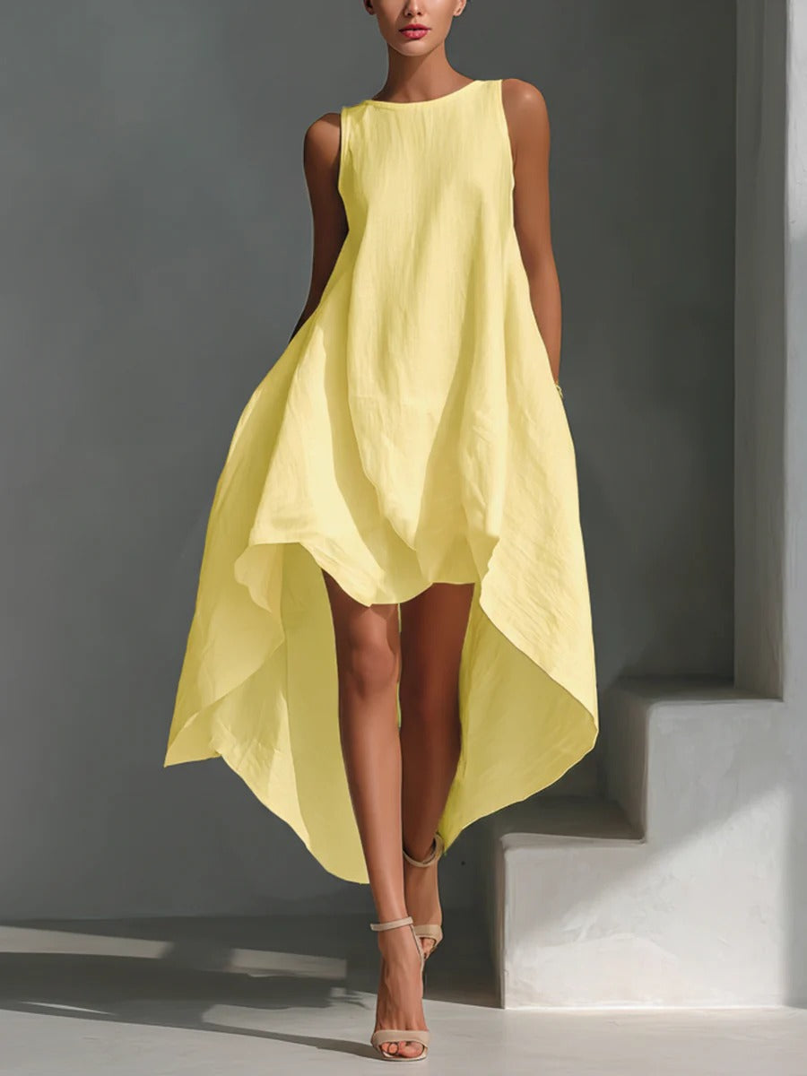 Women’s White Minimalist Linen-Blend Round Neck Sleeveless Relaxed High-Low Dress