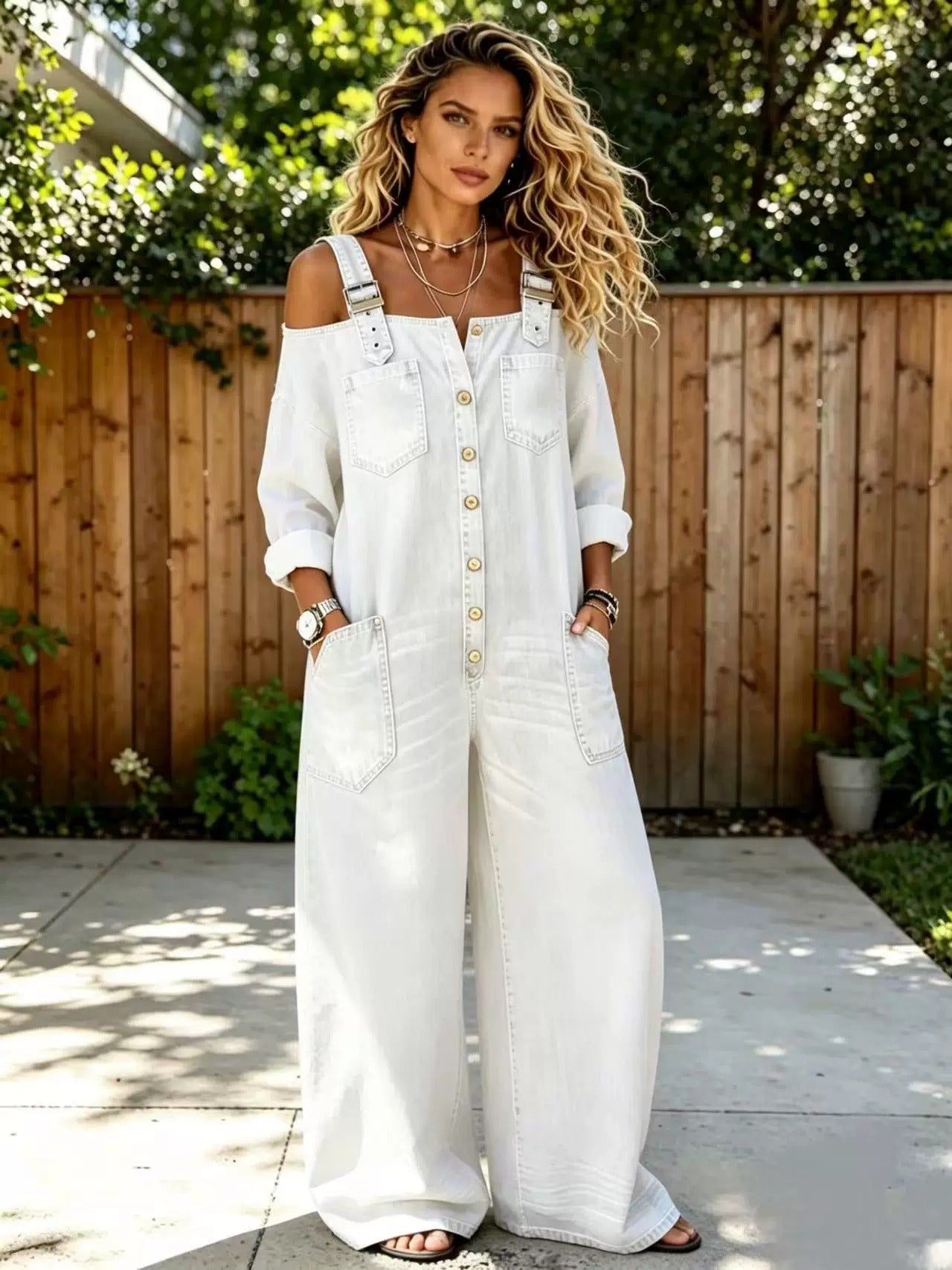 Women’s Blue Denim Off Shoulder Wide Leg Jumpsuit