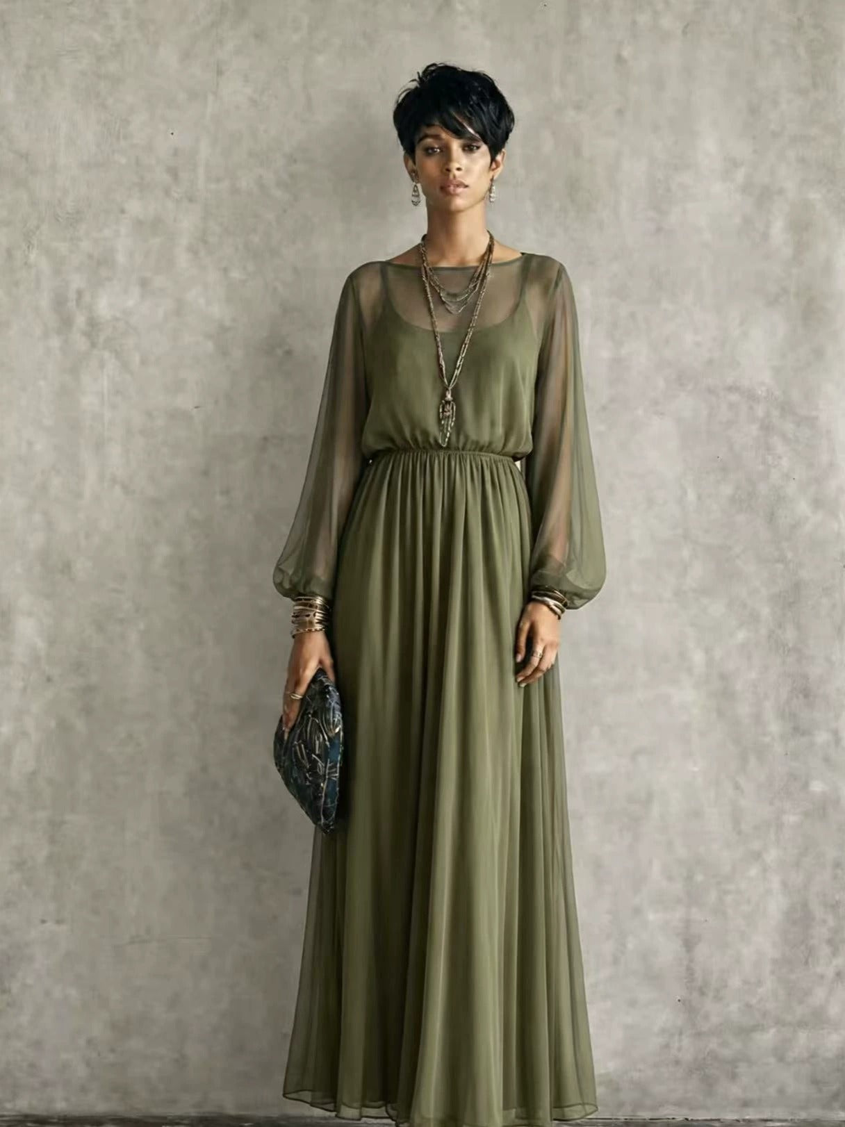 Women’s Blue Elegant Chiffon Round Neck Long Sleeve Regular Maxi Dress