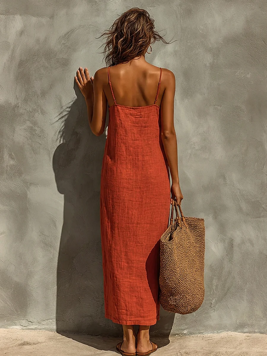 Women’s Rust Orange Vacation Linen-Blend Square Neck Spaghetti Strap Loose Fit Maxi Dress