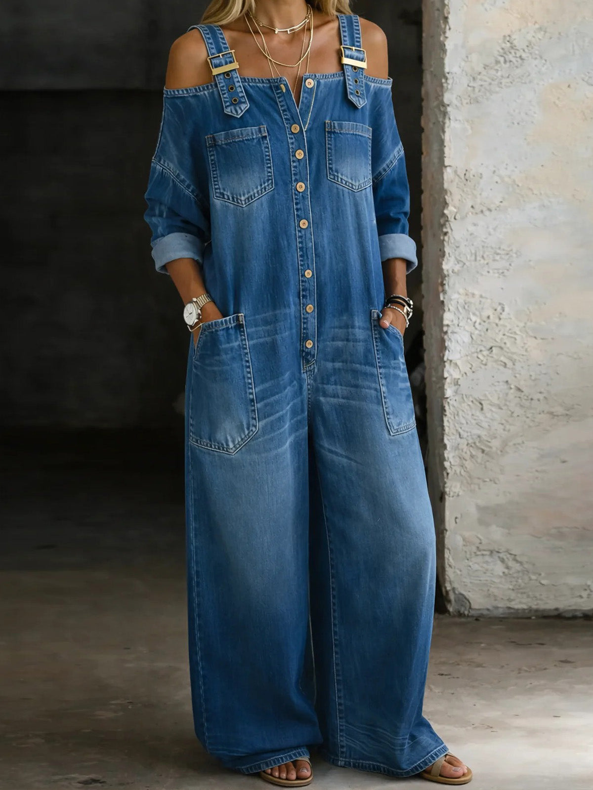 Women’s Blue Denim Off Shoulder Wide Leg Jumpsuit
