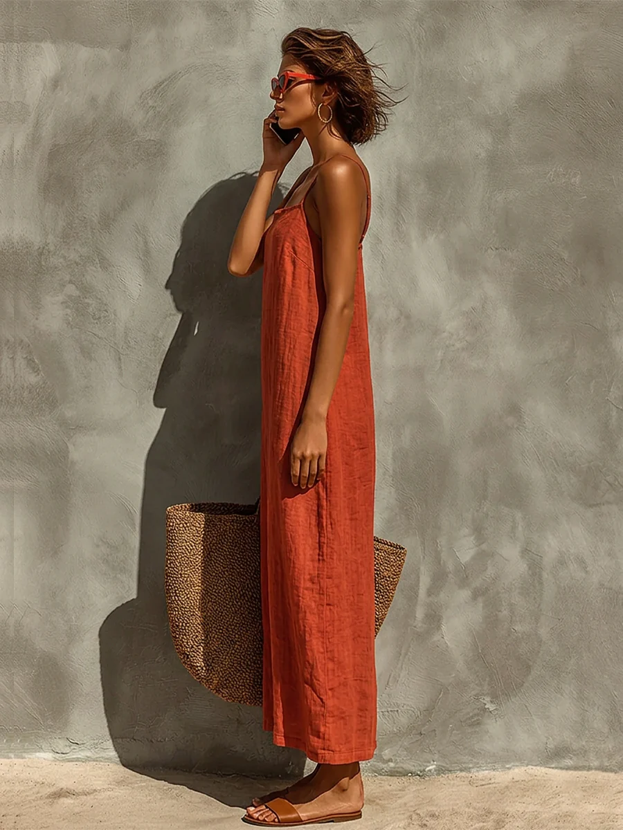 Women’s Rust Orange Vacation Linen-Blend Square Neck Spaghetti Strap Loose Fit Maxi Dress