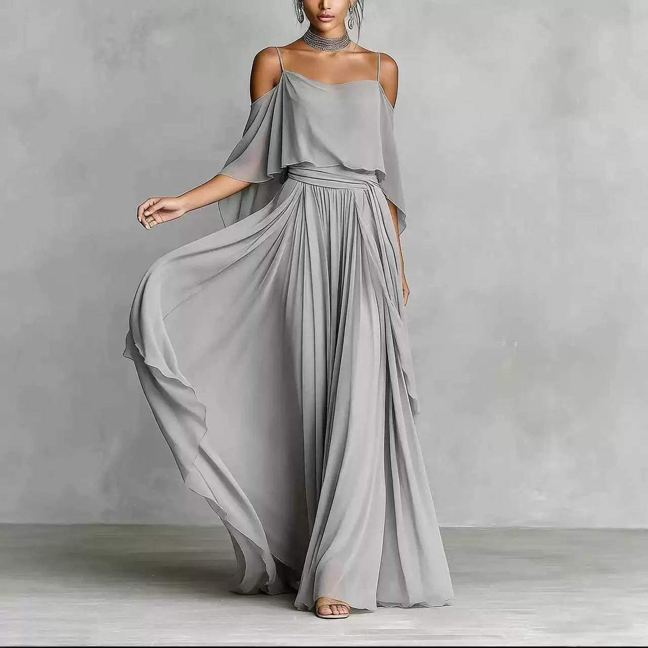 Women’s Gray Elegant Chiffon Cowl Neck Cold-Shoulder Regular Maxi Dress