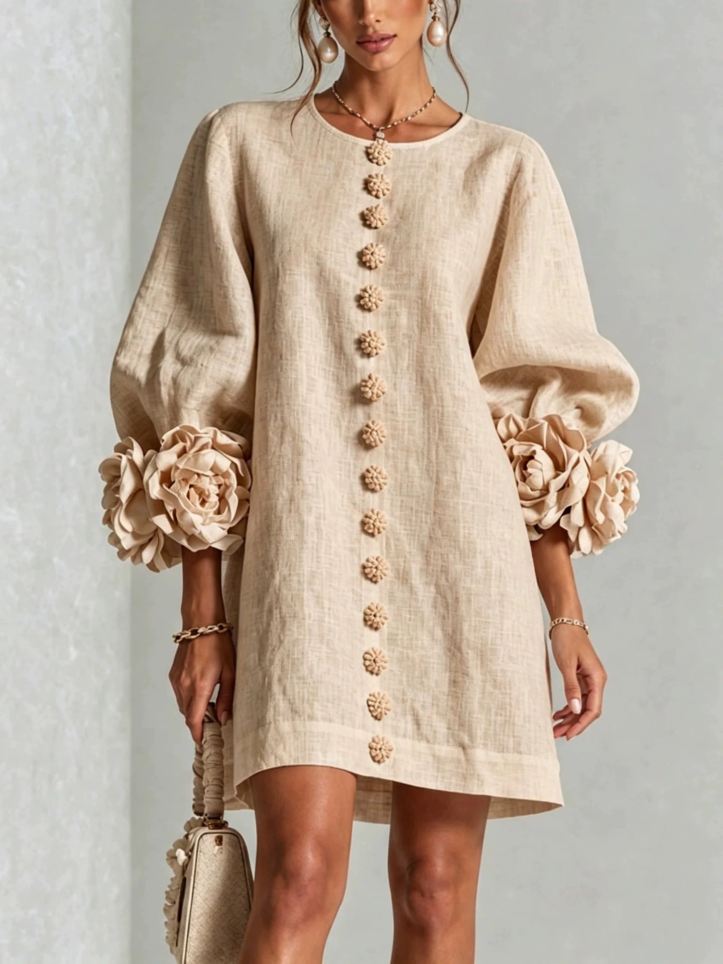Women’s White Textured Floral Button Front Puff Sleeve Mini Dress